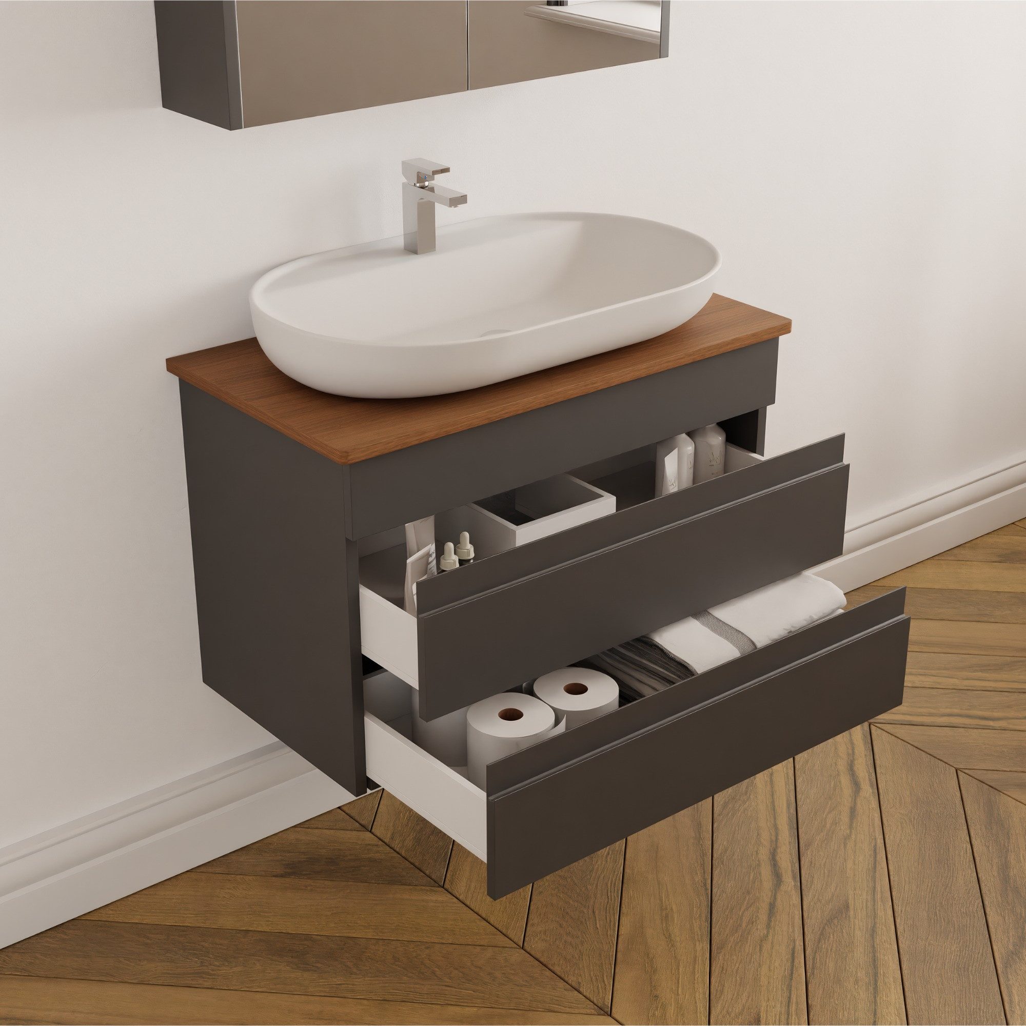 Karen Badmöbel-Set Badmöbel Set Lara Konsole, (Komplett-Set, Standartmäßig 4-Teilig (Unterschrank, Konsole, Waschbecken, Spiegelschrank), 4-St., Unterschrank mit Türen, Spiegelschrank mit Türen & Regalen), Minimalistisches Design, Matt-Beschichtung, Softclose, Griffleisten