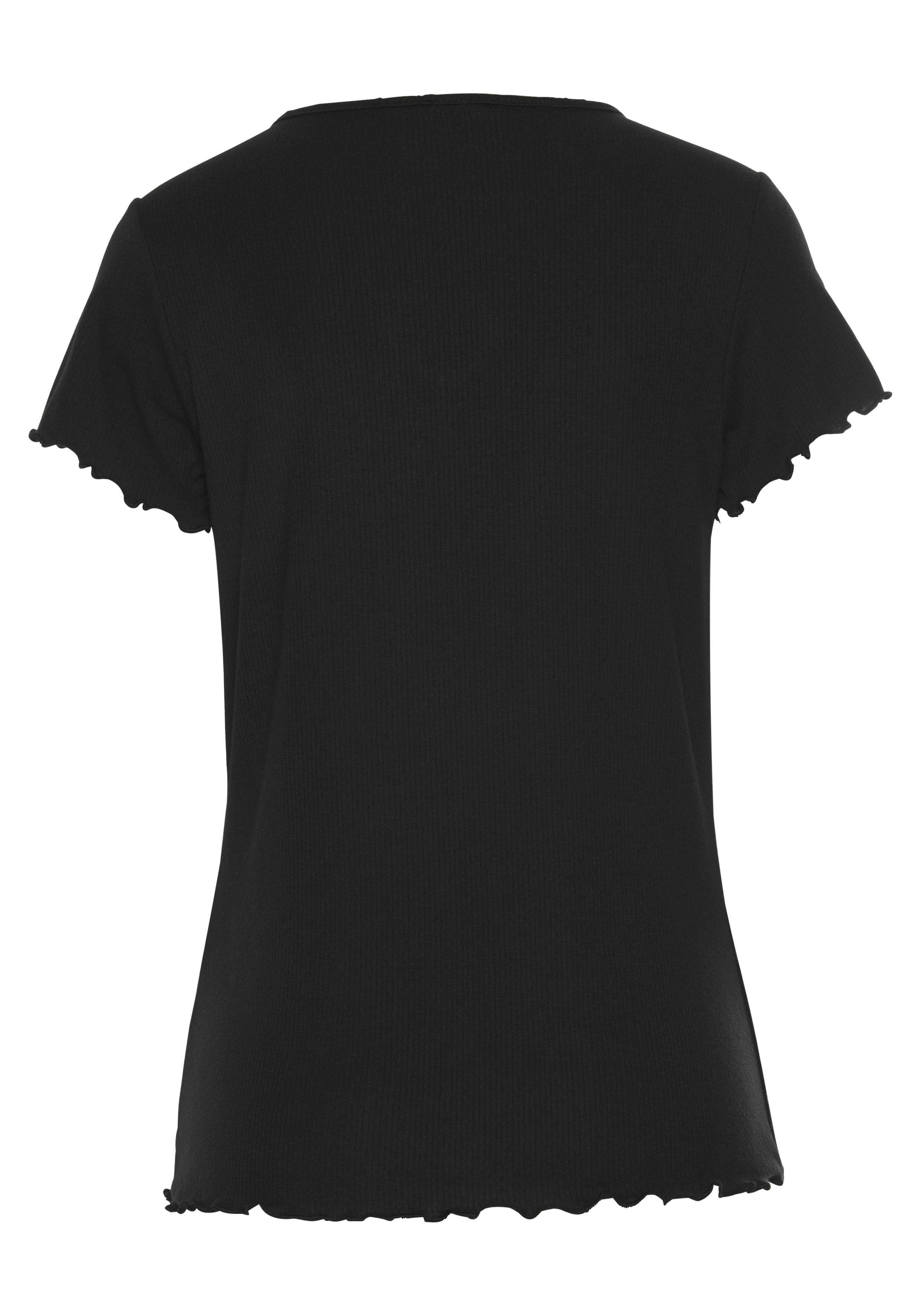 s.Oliver T-Shirt geripptem aus Stoff schwarz mit Kräuselsäumen