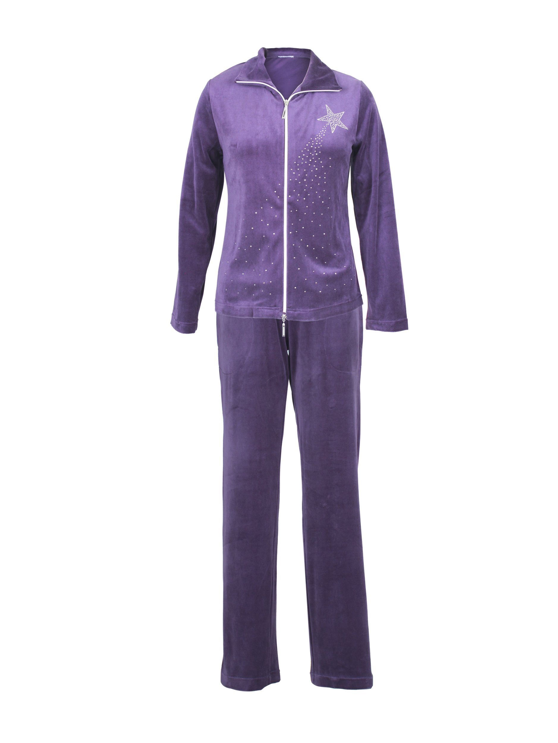 RAIKOU Hausanzug Damen Velours Nicki Freizeitanzug Fitnessanzug Hausanzug Jogginganzug (mit Reißverschluss und Glitzersteinen) smartweiche Nicki mit Glitzersteinen