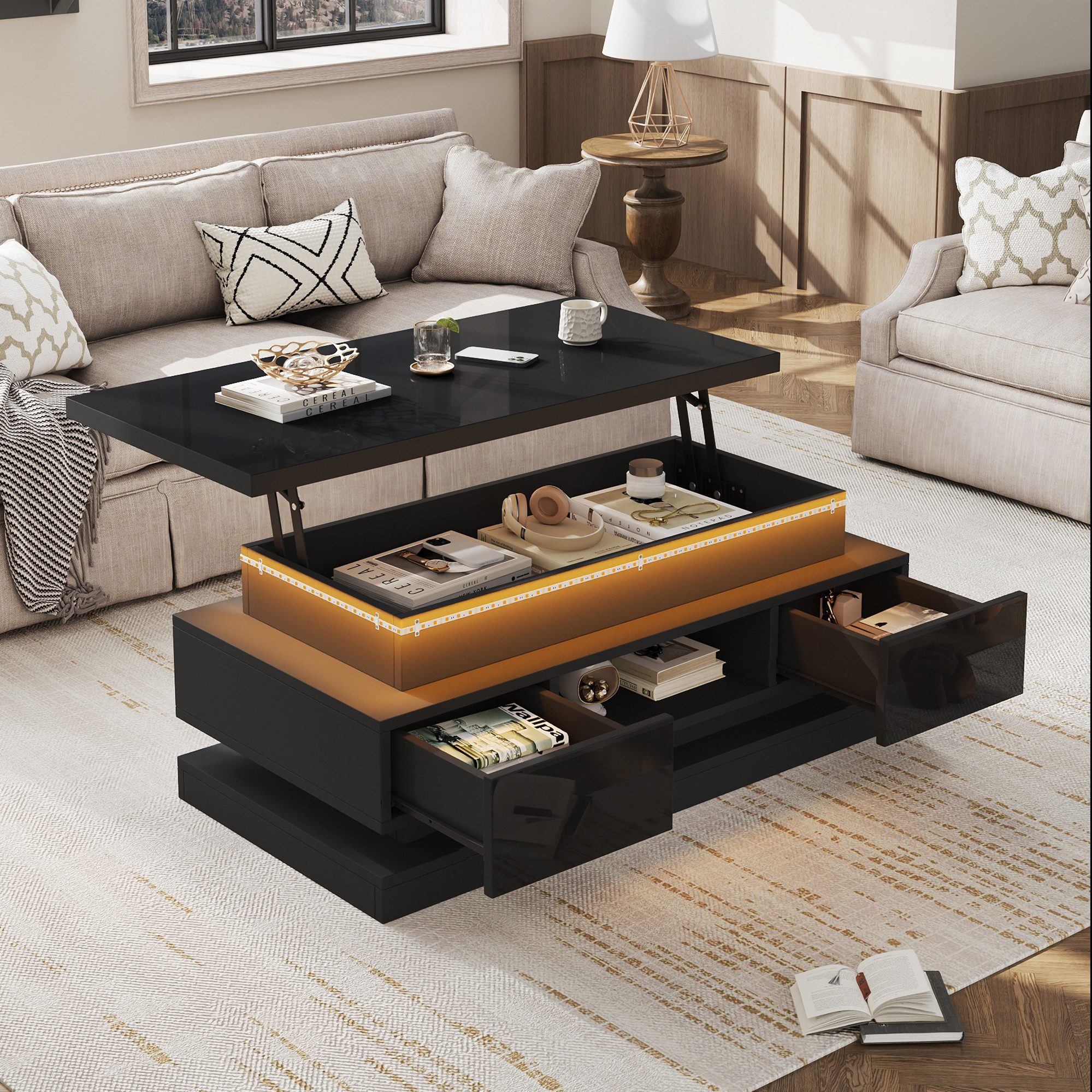 Merax Couchtisch hochglanz Sofatisch höhenverstellbar Beistelltisch mit LED & USB (1-St., 1 Tisch), Wohnzimmertisch mit Stauraum und 2 Schubladen, 100x50x40cm