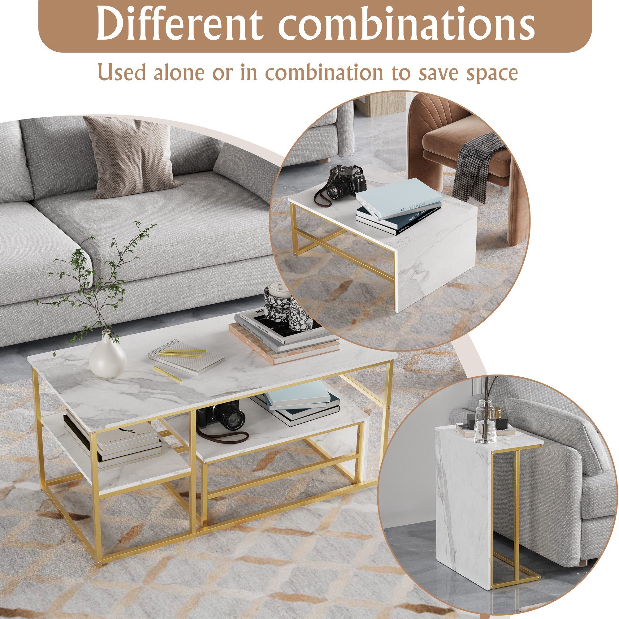 Gdood Couchtisch Rechteck Satztisch Beistelltisch stapelbarer Sofatisch (2-St., Ideal für Wohnzimmer & Büro, Platzsparendes stapelbares Design), Mit Marmormuste – Bild 4 von 5