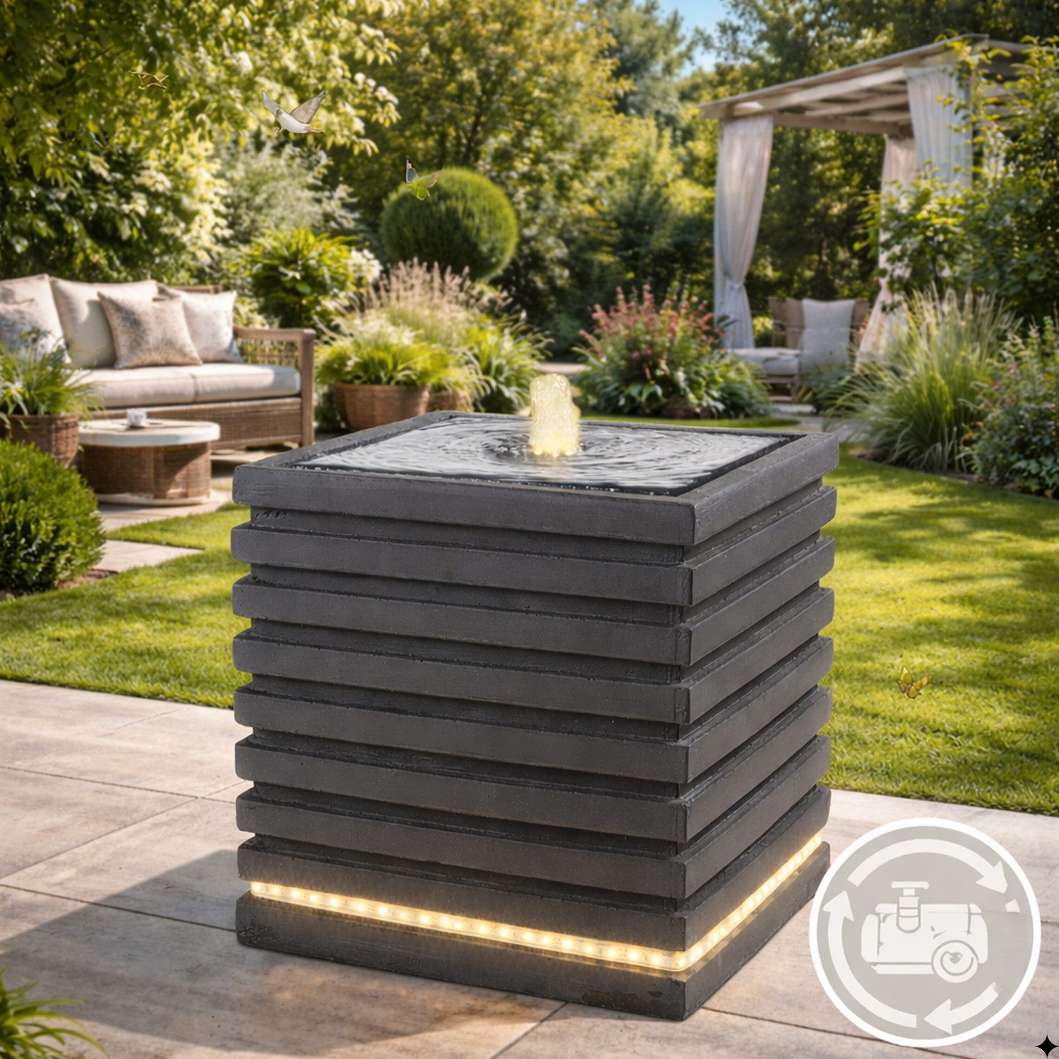 MARELIDA Zimmerbrunnen Brunnen Würfel mit Rippen - LED Beleuchtung - 35cm - Kreislaufpumpe, 35 cm Breite, Wasserbecken BxT: 35x14 cm