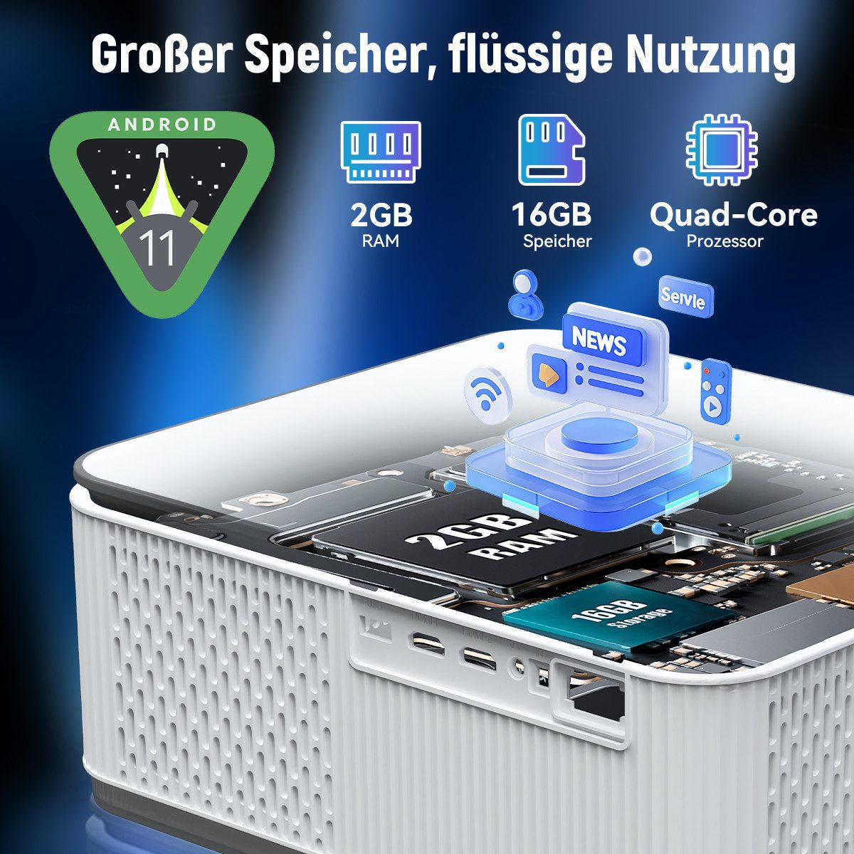 Happybe Mini Beamer Full HD 1080p, Heimkino mit WiFi 6 & BT 5.4, Android 11 Portabler Projektor (400 lm, 1000:1, 1080P px, Beamer 4K Unterstützung mit HDMI/USB / PS5 für Heimkino Spiele Camping)