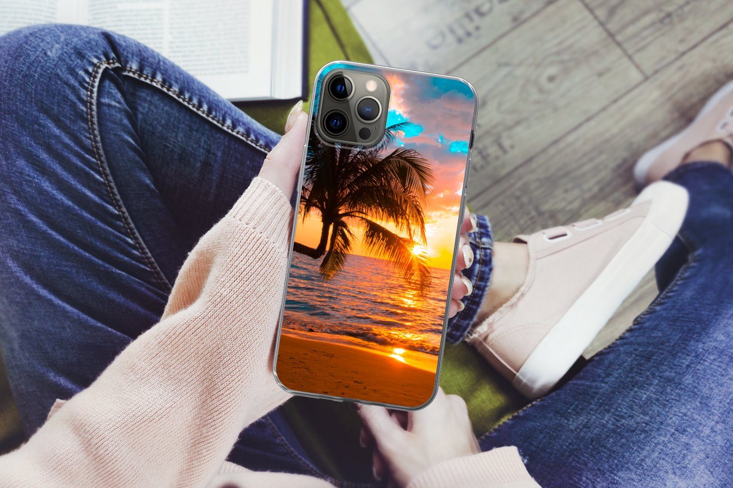 MuchoWow Handyhülle für Apple iPhone 13 Pro Palme - Sonnenuntergang - Horizont - Strand -, Smartphone-Bumper, Print, Handy Schutzhülle Dünn