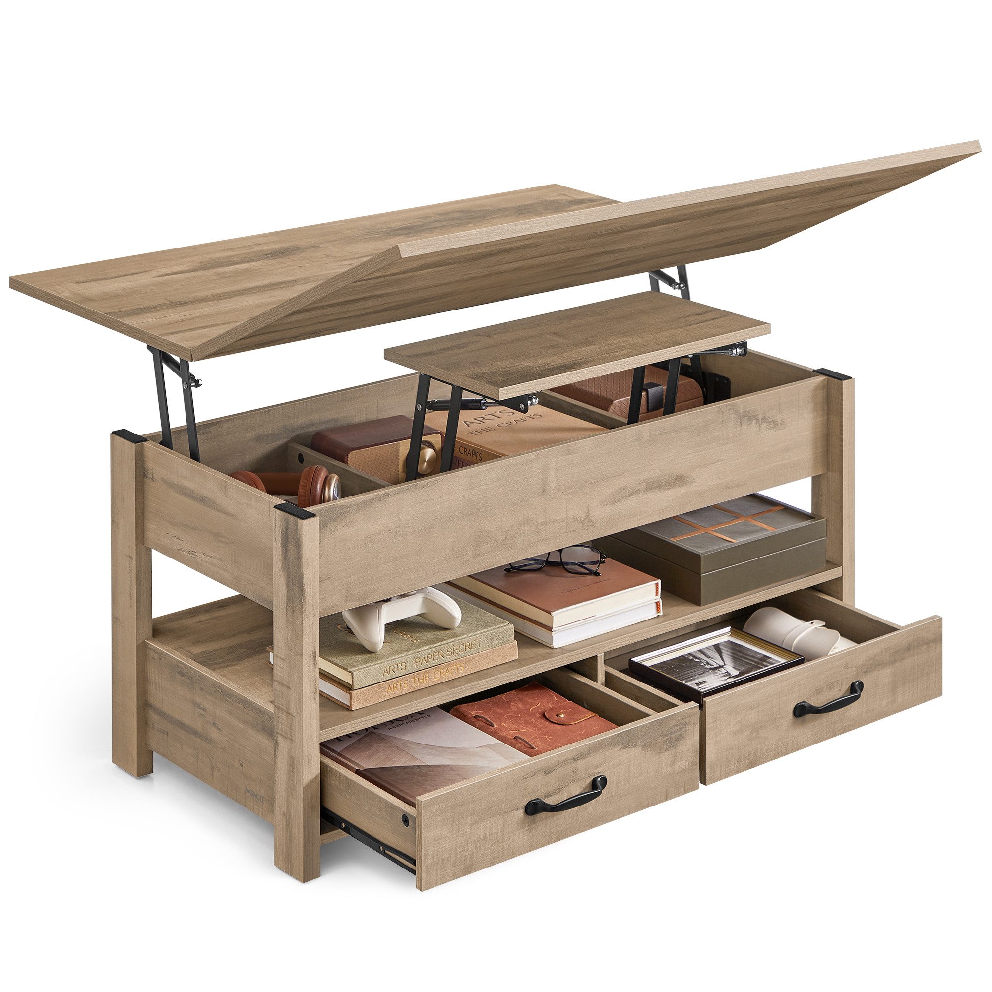 VASAGLE Couchtisch höhenverstellbar mit 2 hochklappbaren Tischplatten, Stauraum (multifunktional, inkl. Zubehörpaket & Anleitung), 2 Schubladen und Ablage, Wohnzimmertisch, braun