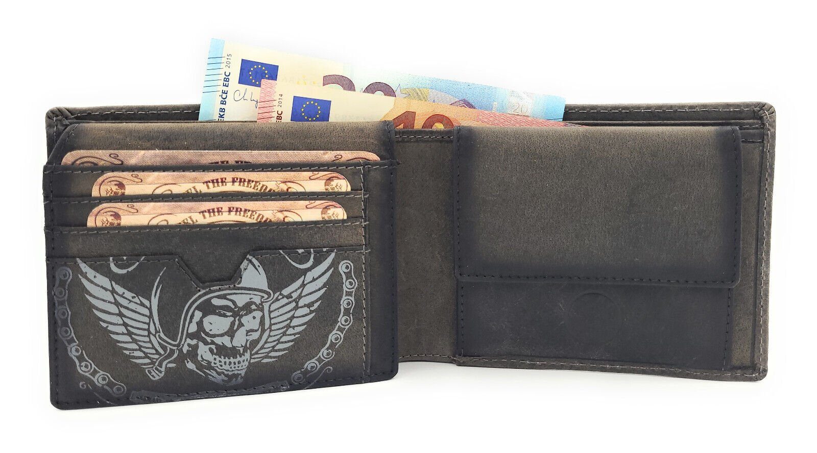 Portemonnaie Geldbeutel RFID echt of JOCKEY Biker "Wing Geldbörse Hell", mit Schutz Leder CLUB mit Fahrradkette und Totenkopf