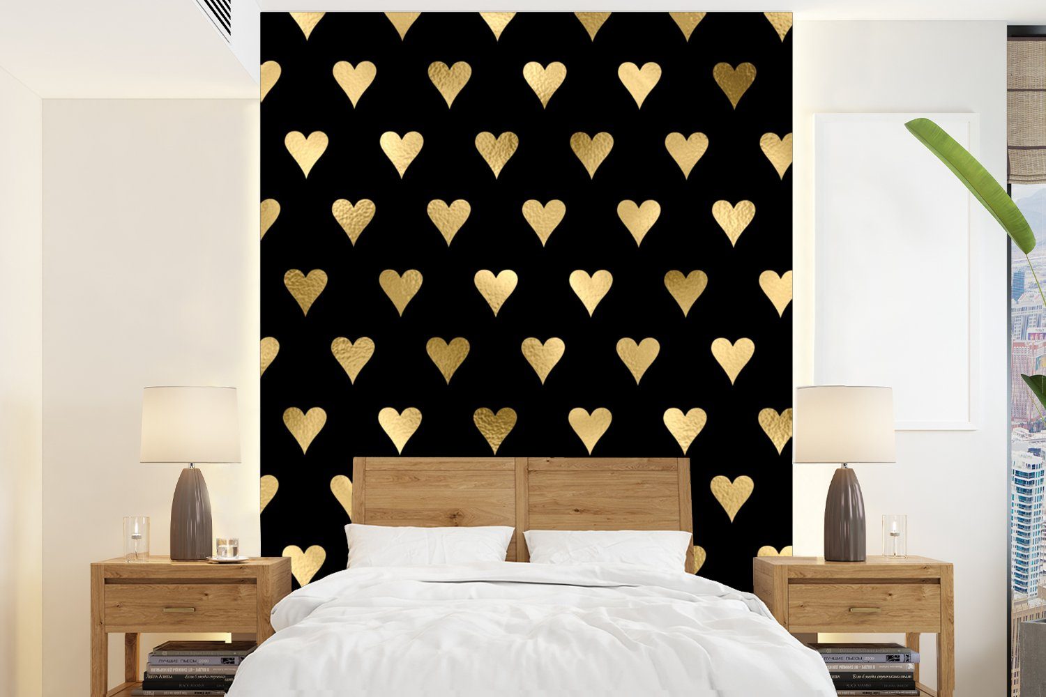 Herz - für Muster, - MuchoWow Luxus Gold Wohnzimmer, Vinyl bedruckt, Montagefertig Schwarz - Fototapete - (4 Matt, St), Wandtapete Tapete