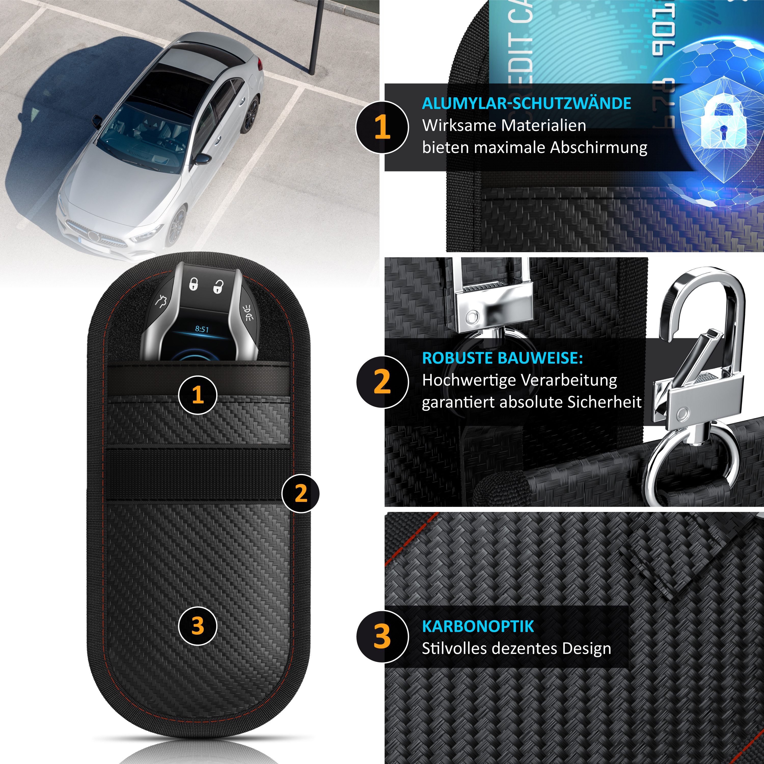 Aplic Schlüsseltasche RFID Blocker, Keyless, Faraday Tasche, 2er Set, NFC, Autoschlüssel (2-tlg), Carbonfaser, Karabiner, Klettverschluss, kompakt, Kreditkarten Schutz