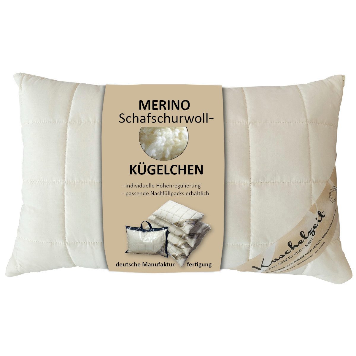 Meivita Naturhaarkissen Merino Подушки mit Schafschurwollkugeln, Füllung: 100% Wolle (Schurwollkügelchen), Bezug: 100% Baumwolle untersteppt mit 100% Wolle (Merino Schafschurwollvlies), Rückenschläfer, Seitenschläfer, Bauchschläfer, Подушки Hergestellt in Deutschland