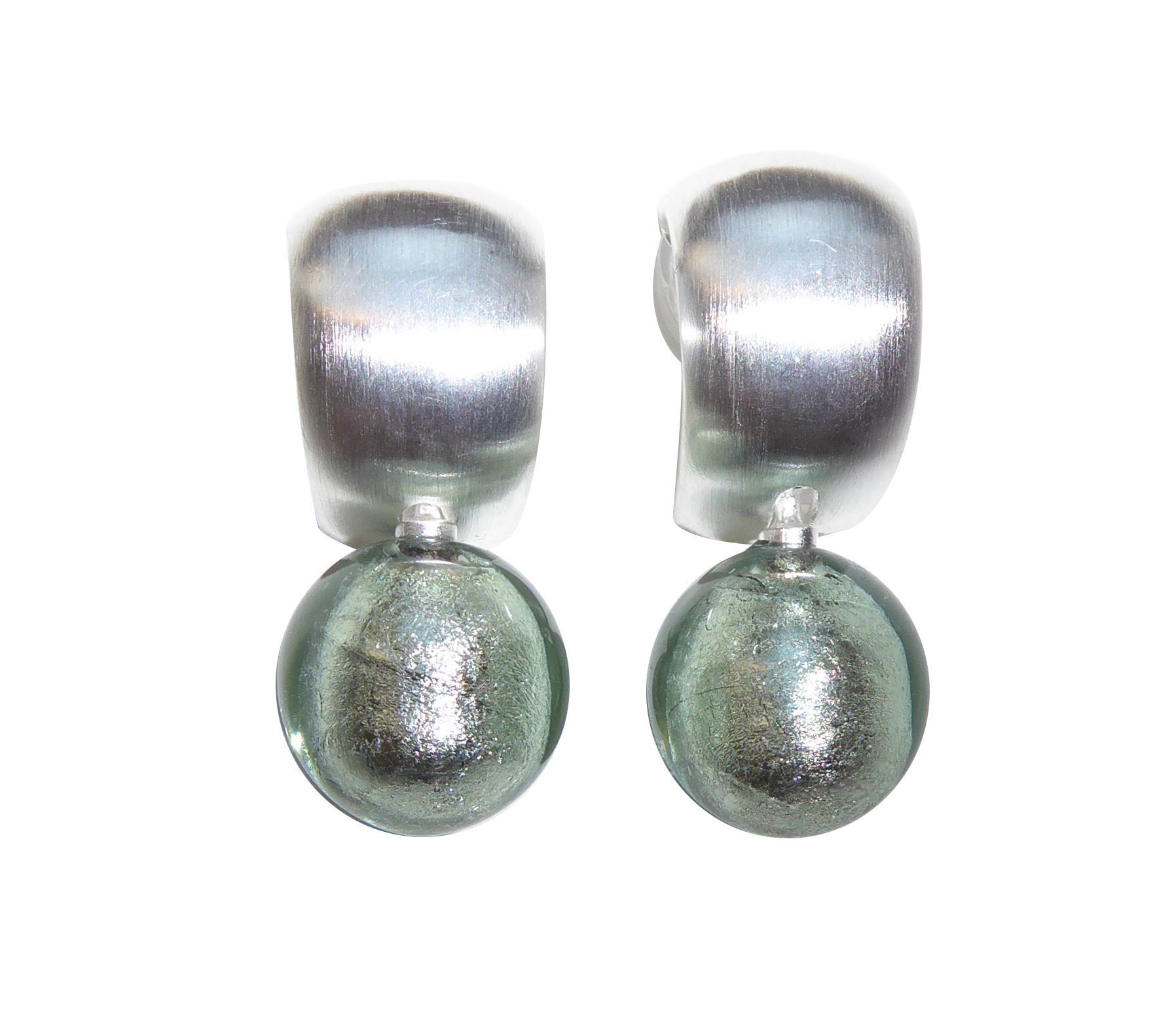 Mugello Paar Ohrclips Murano Clips Creole graugrün Sterlingsilber Fest Hochzeit edel, Creole Goldschmiedearbeit aus Deutschland, Perle echtes Muranoglas