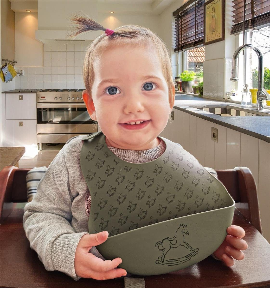 SEI Design Lätzchen Baby Lätzchen mit Auffangschale Silver Sage, BPA/PVC/BPP-frei