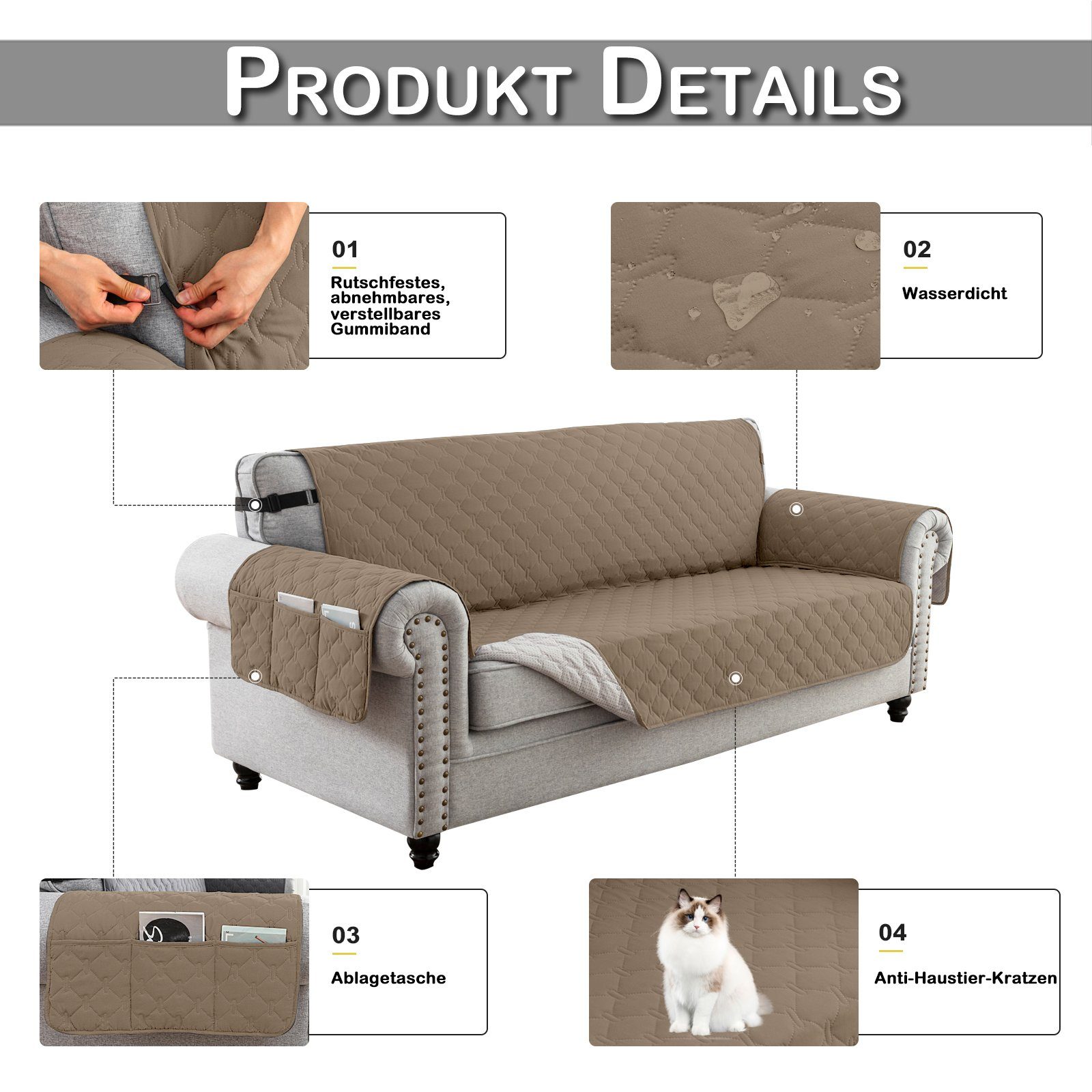 Rosnek Sofahusse 1/2/3 Sitz, gesteppt, wasserdicht, rutschfest, für Armsofa, mit Seitentasche; Haustiermatte