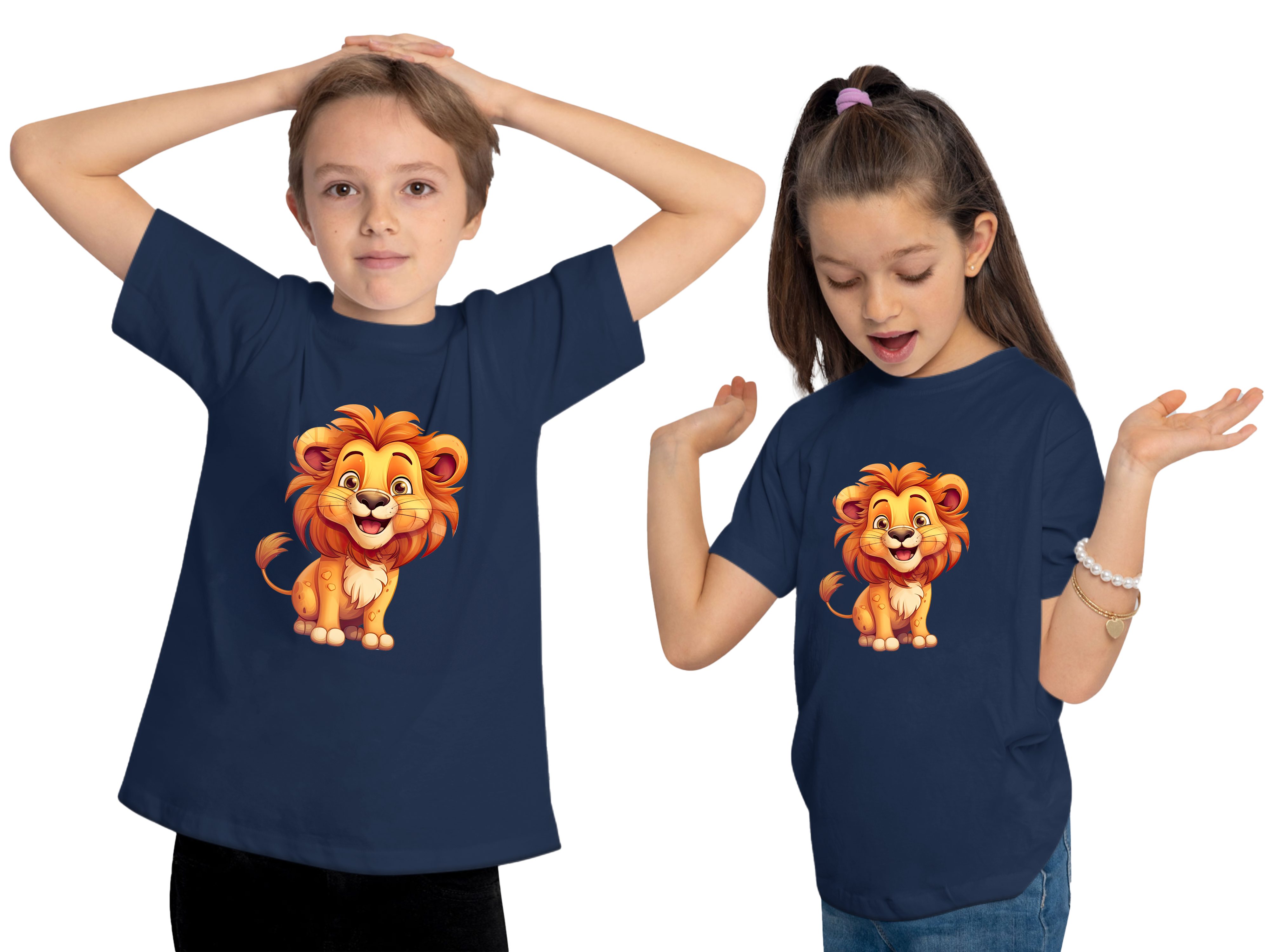 MyDesign24 T-Shirt Kinder Wildtier Print Baumwollshirt Aufdruck, blau i275 Löwe Shirt bedruckt mit navy Baby 