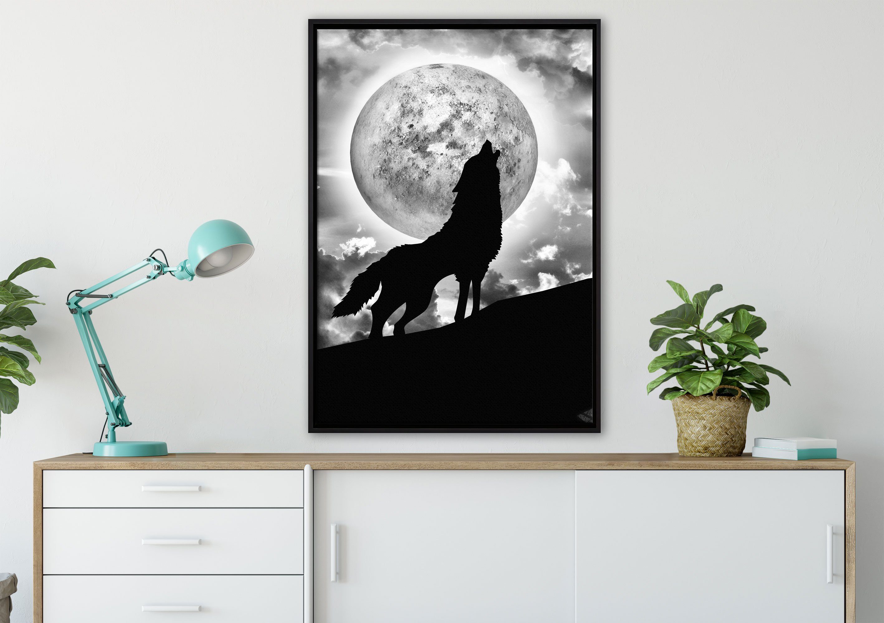 Pixxprint Leinwandbild Wolf heult Mond St), Zackenaufhänger (1 inkl. fertig Schattenfugen-Bilderrahmen gefasst, bespannt, Leinwandbild Wanddekoration einem in an