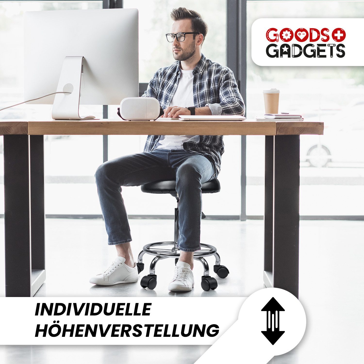 Goods+Gadgets Drehhocker Drehhocker – Arbeitshocker – Rollhocker – Höhenverstellbar Bürohocker (höhenverstellbarer), Praxishocker Rollhocker