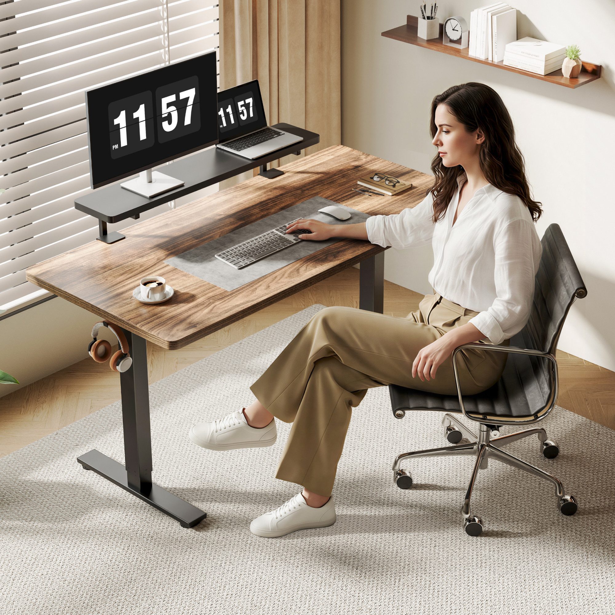 FLEXISPOT Schreibtisch Elektrischer Höhenverstellbarer Schreibtisch mit Tischaufsatz (2 Motore & 2-Fach-Teleskop & 4 Höhenspeichertasten, 140×80cm, Antikollisionssystem, 25mm Tischplatte, Max. Load: 120kg), ergonomisches Komplettset mit klemmbarer Monitorerhöhung