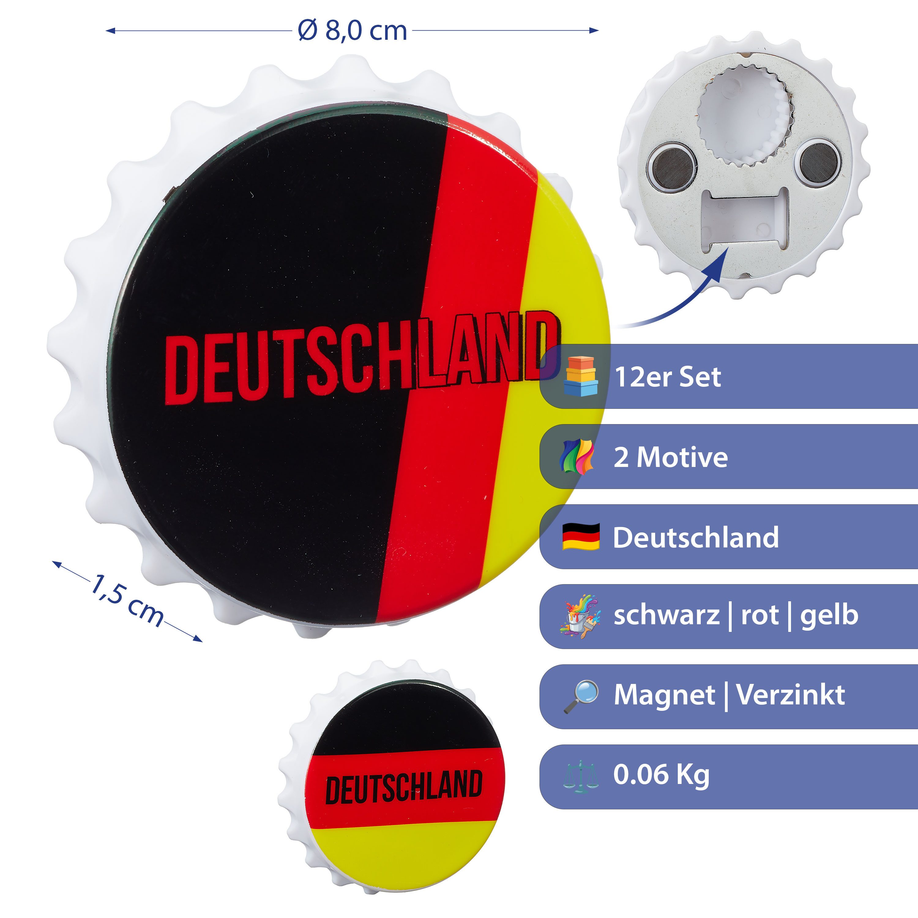 CEPEWA Flaschenöffner Flaschenöffner 12er Set 2 Motive Ø8cm schwarz rot gold ABS magnetisch