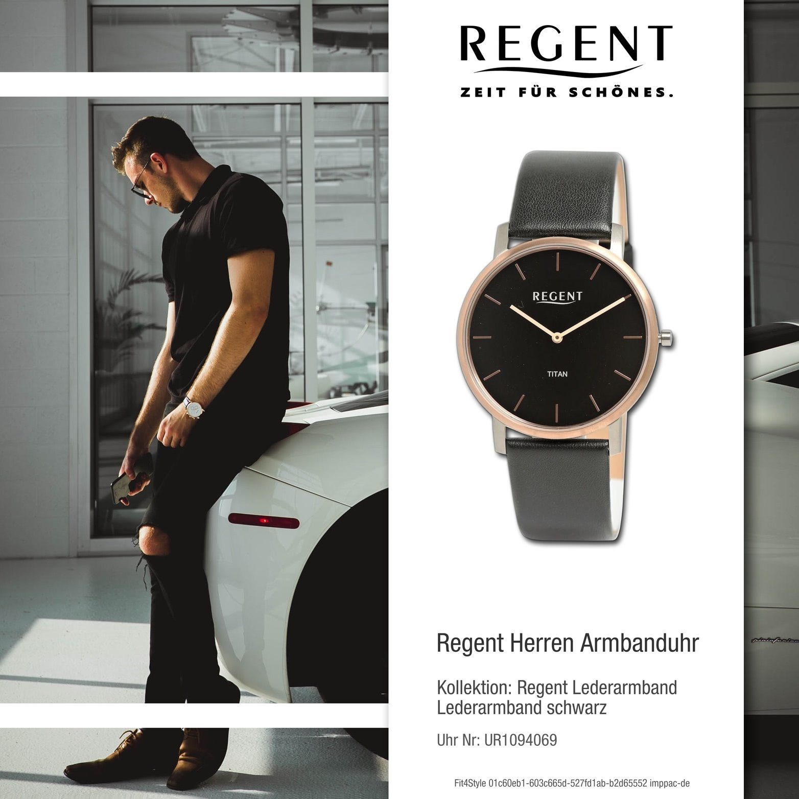 Regent Quarzuhr Regent Herren extra Gehäuse, 39mm) Lederarmband Armbanduhr Analog, Herrenuhr schwarz, rundes (ca. groß