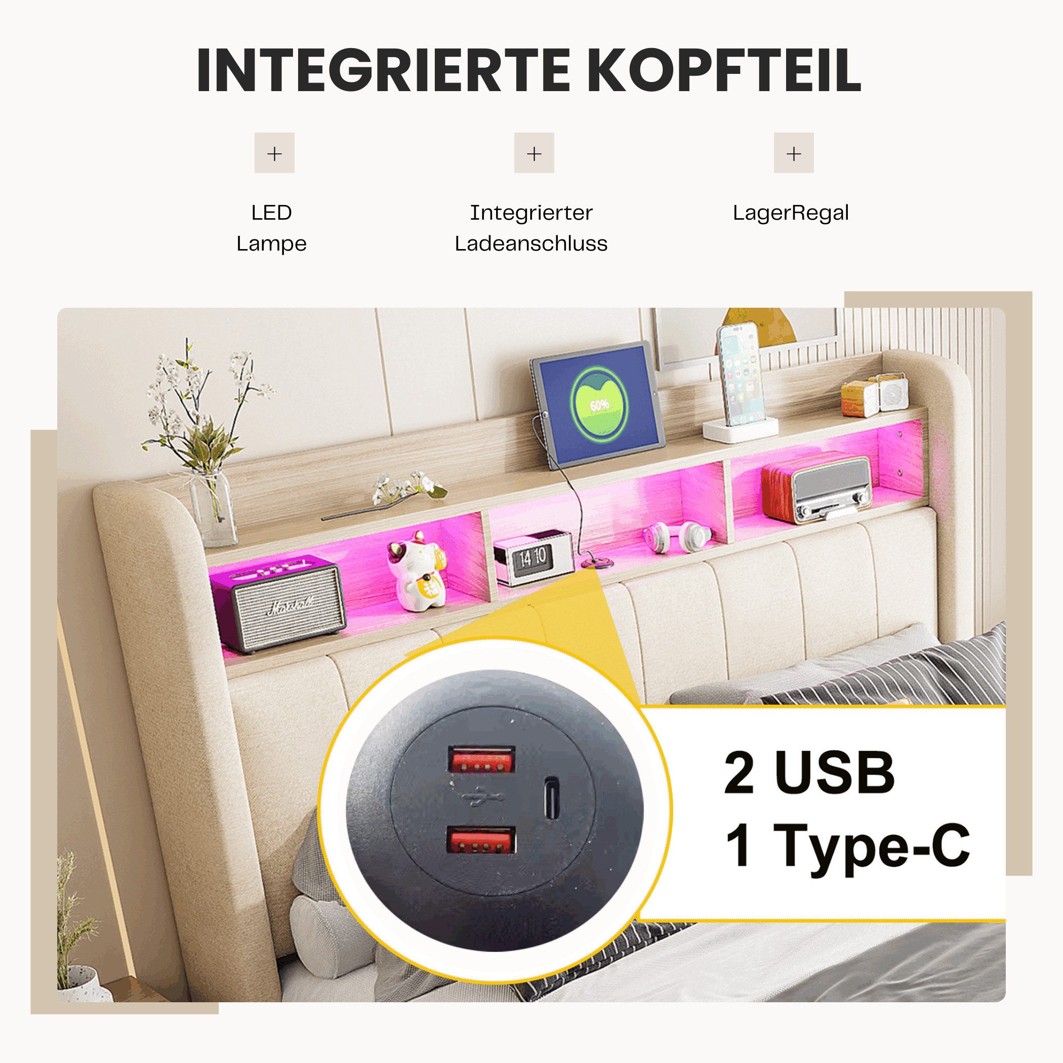 SeedWave Polsterbett LED Hydraulisches Bett Leinenbezug Stauraumbett mit La günstig online kaufen