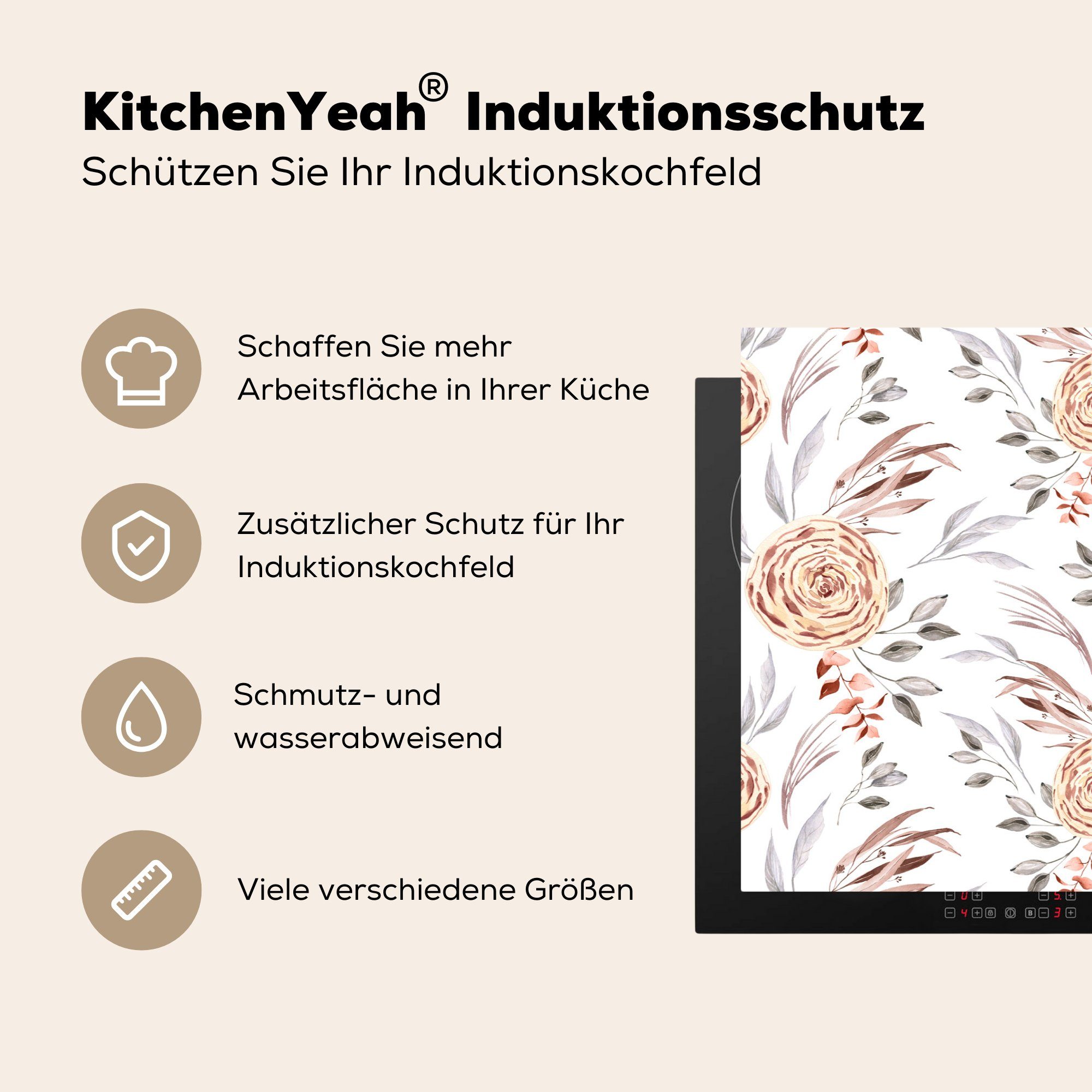 MuchoWow Herdblende-/Abdeckplatte Rosen küche, (1 tlg), - Weiß, Induktionskochfeld - Ceranfeldabdeckung 81x52 cm, die Schutz Vinyl, Blätter für