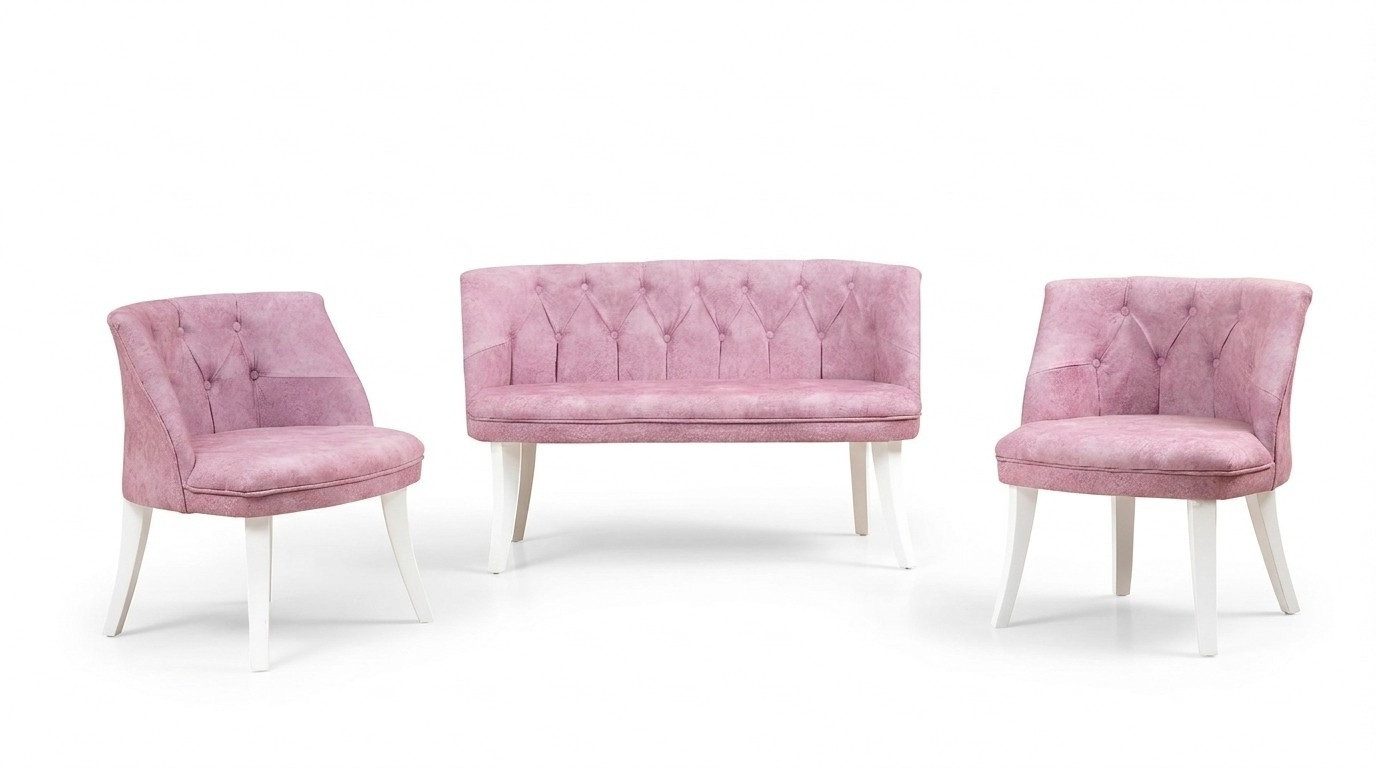 Xlmoebel Polstergarnitur Küchen Sitzgarnitur Rosa Chesterfield Bank und Sessel aus Stoff, (Polstergarnitur, 3-tlg., Bank & 2 Stühle), Made in Europa