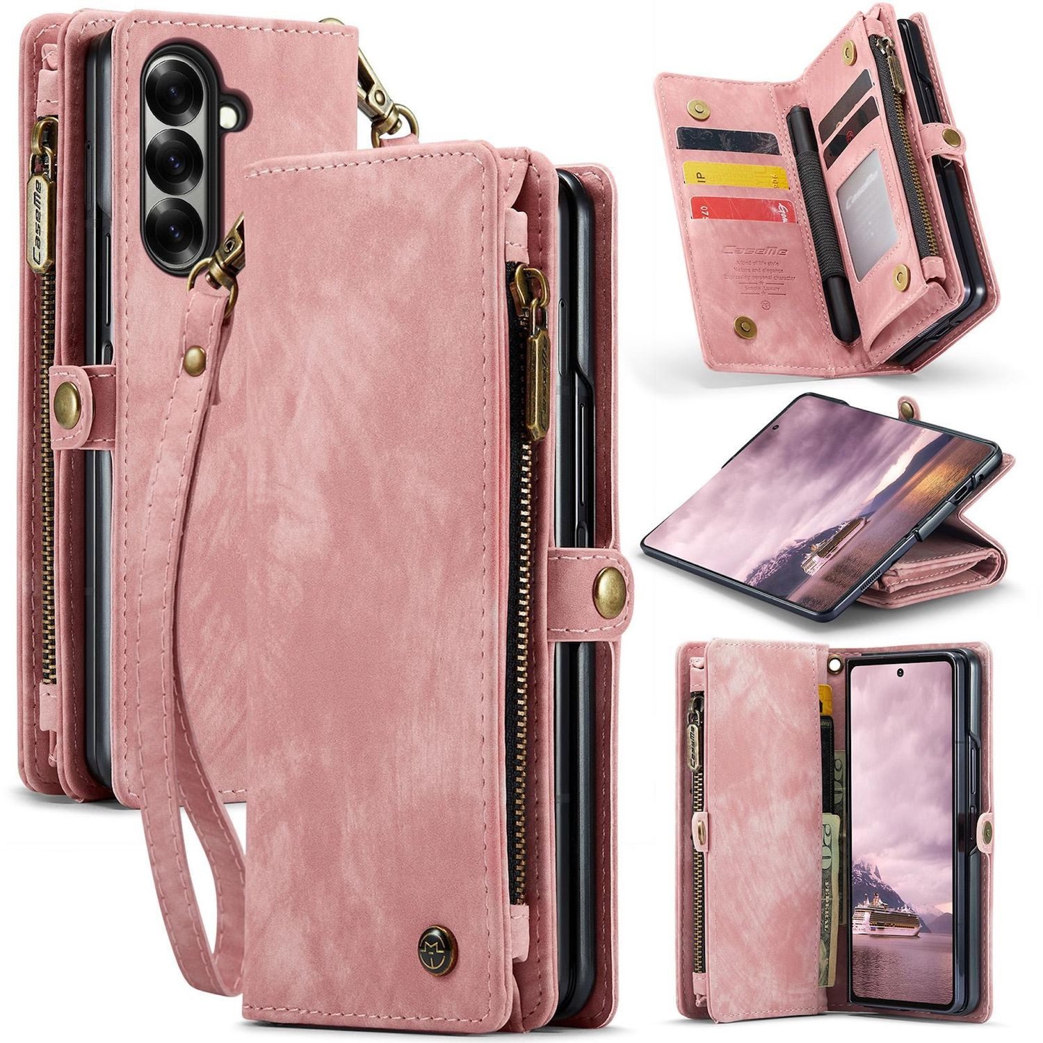 CaseMe Handyhülle Für Samsung Galaxy Z Fold7 5G Kunstleder 008 Multifunktion Hülle Pink, Kunstleder Schutz Tasche Smart Case Multifunktion