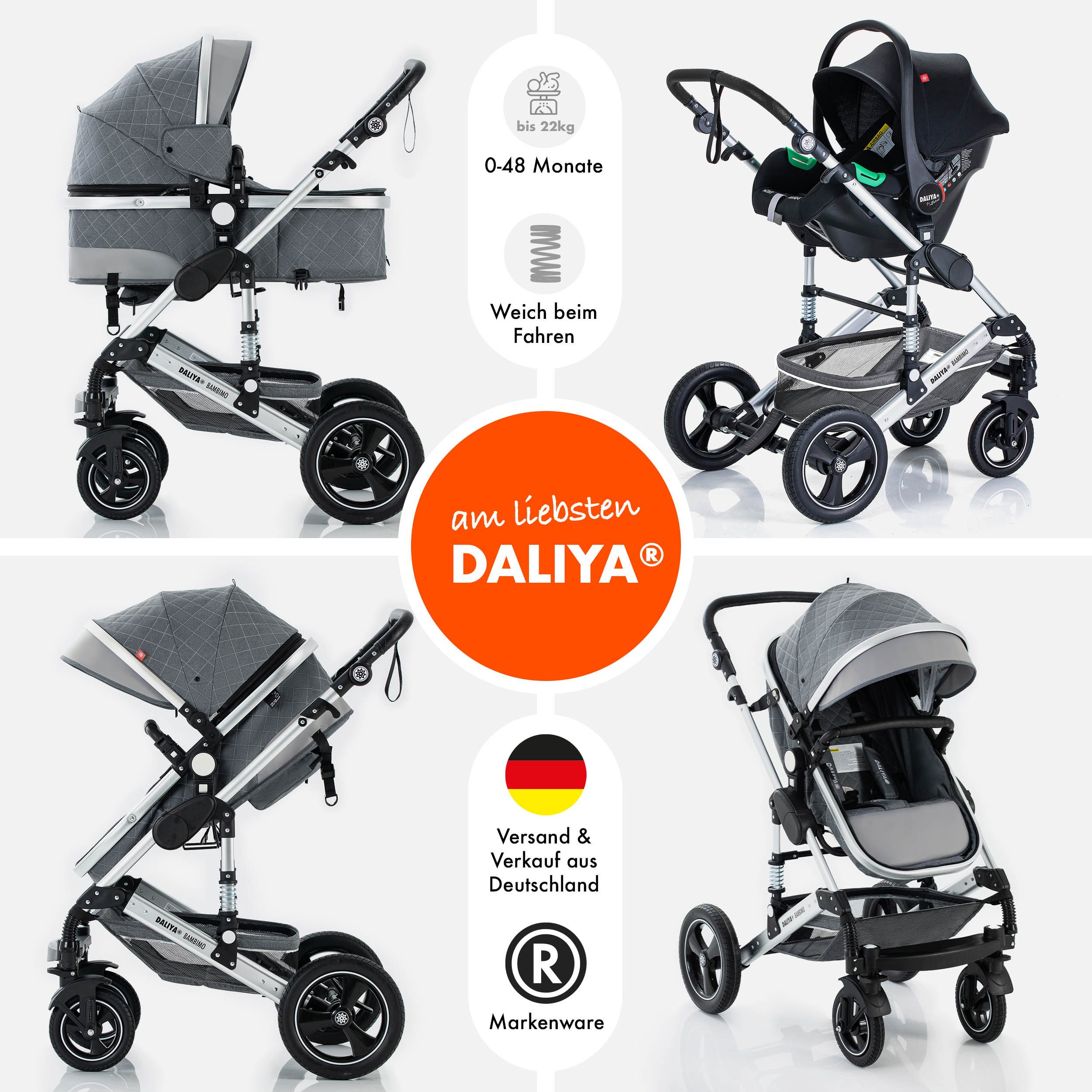 Daliya® Kombi-Kinderwagen BAMBIMO 3in1 Kinderwagen & Buggy mit Auto-Babyschale und Adapter, (XXL-Set inkl. Wickeltasche und Spieltisch, 15-tlg), Babyschale, Airless-Räder, Federung, weiche Matratze, Belüftungssystem