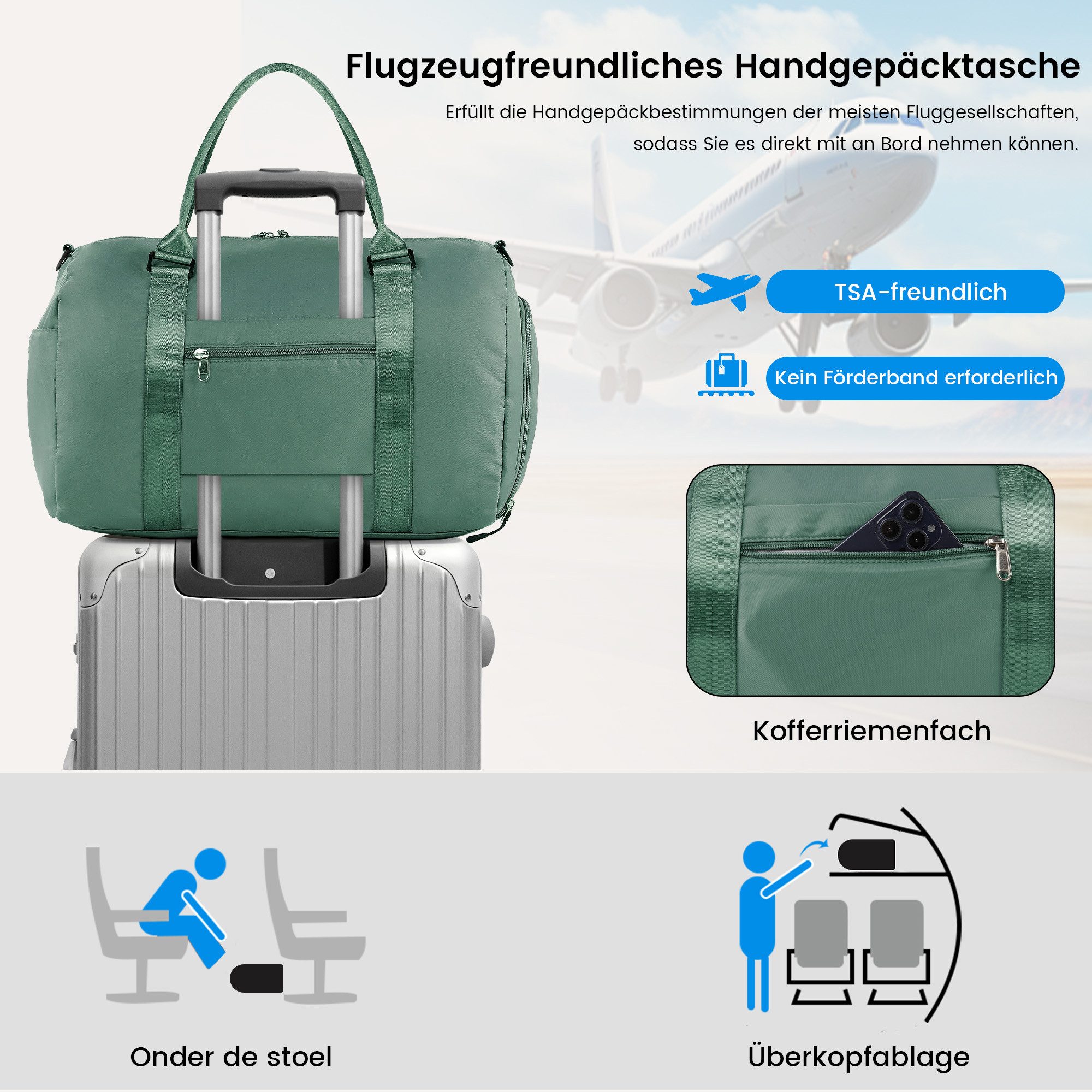 TANTOMI Reisetasche Reisetasche Damen Herren 44.5x20x28, Handgepäck Tasche Flugzeug, Sporttasche, Travel Bag mit Schuhfach und Kulturbeutel – Bild 5 von 5