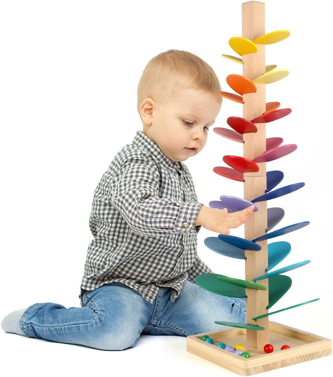 XDeer Lernspielzeug Bunter Klangbaum,Holz-Kugelbahn,72 cm Höhe,Motorikspiel, incl 10 holzfarbe+25 bunte Murmel,besser Geschenke für Kinder