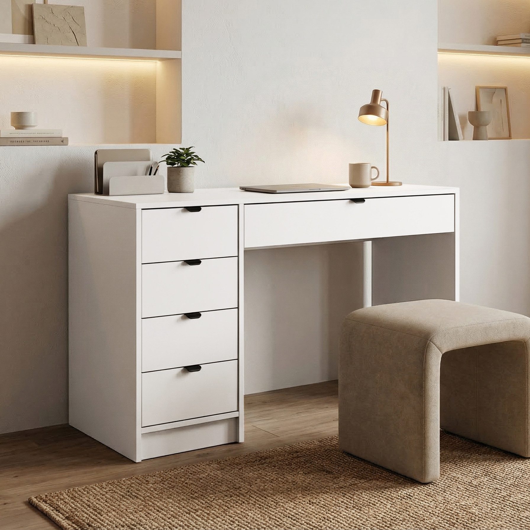 Beautysofa Schreibtisch Malta 120 cm mit Schubladen (Funktionales Design für Home Office - rechts/Links montierbar, Weiß oder Kaschmir), Wahlweise mit oder ohne Griffe