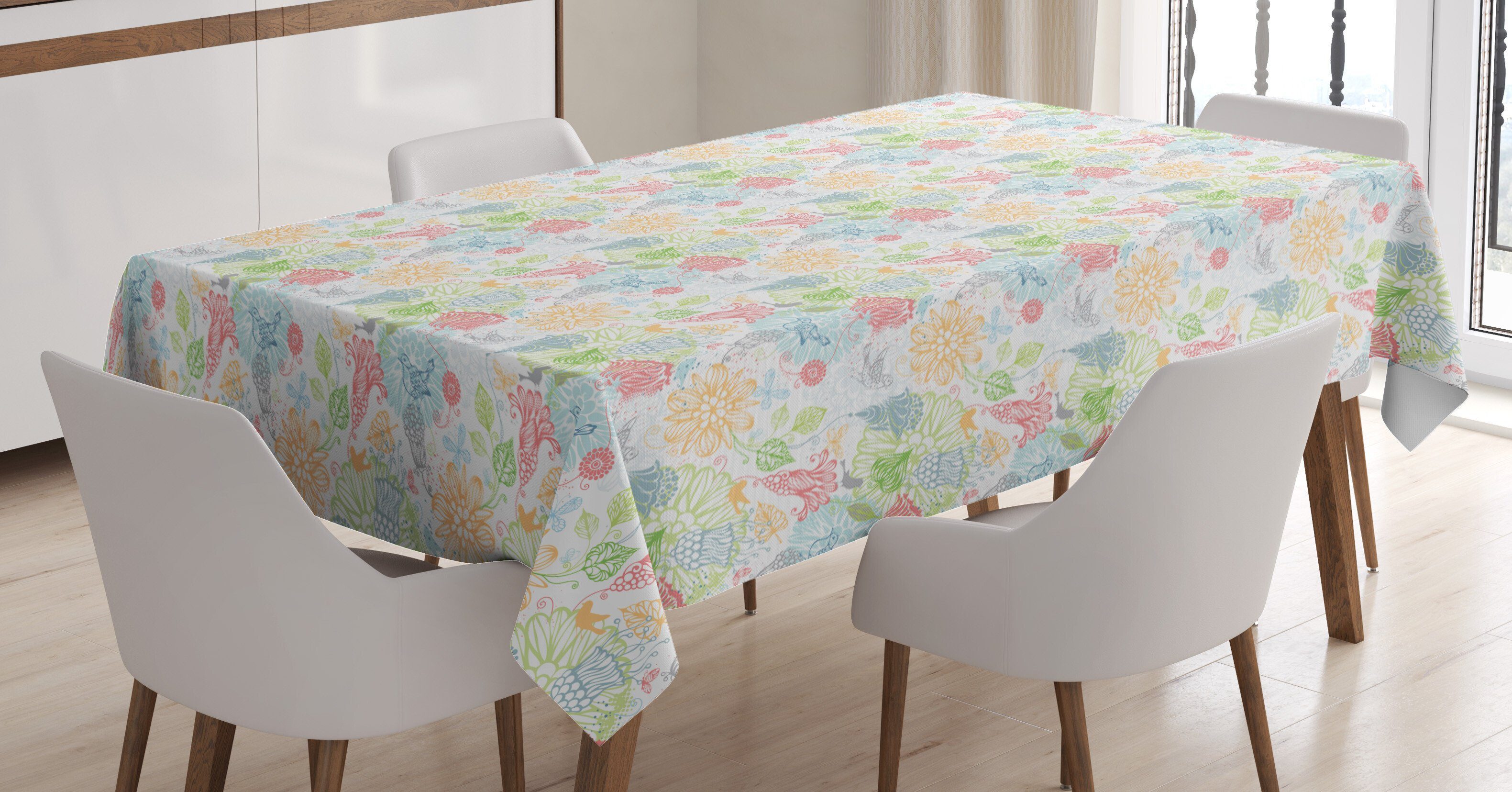 Abakuhaus Tischdecke Farbfest Waschbar Für den Außen Bereich geeignet Klare Farben, Frühling Vögel und Blumen-Aufbau
