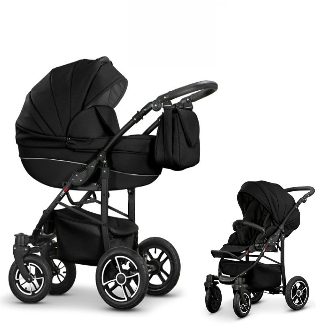 babies-on-wheels Kombi-Kinderwagen 2 in 1 Kinderwagen-Set Cosmo ECO - 13 Teile - in 16 Farben Schwarz-Schwarz Kunstleder