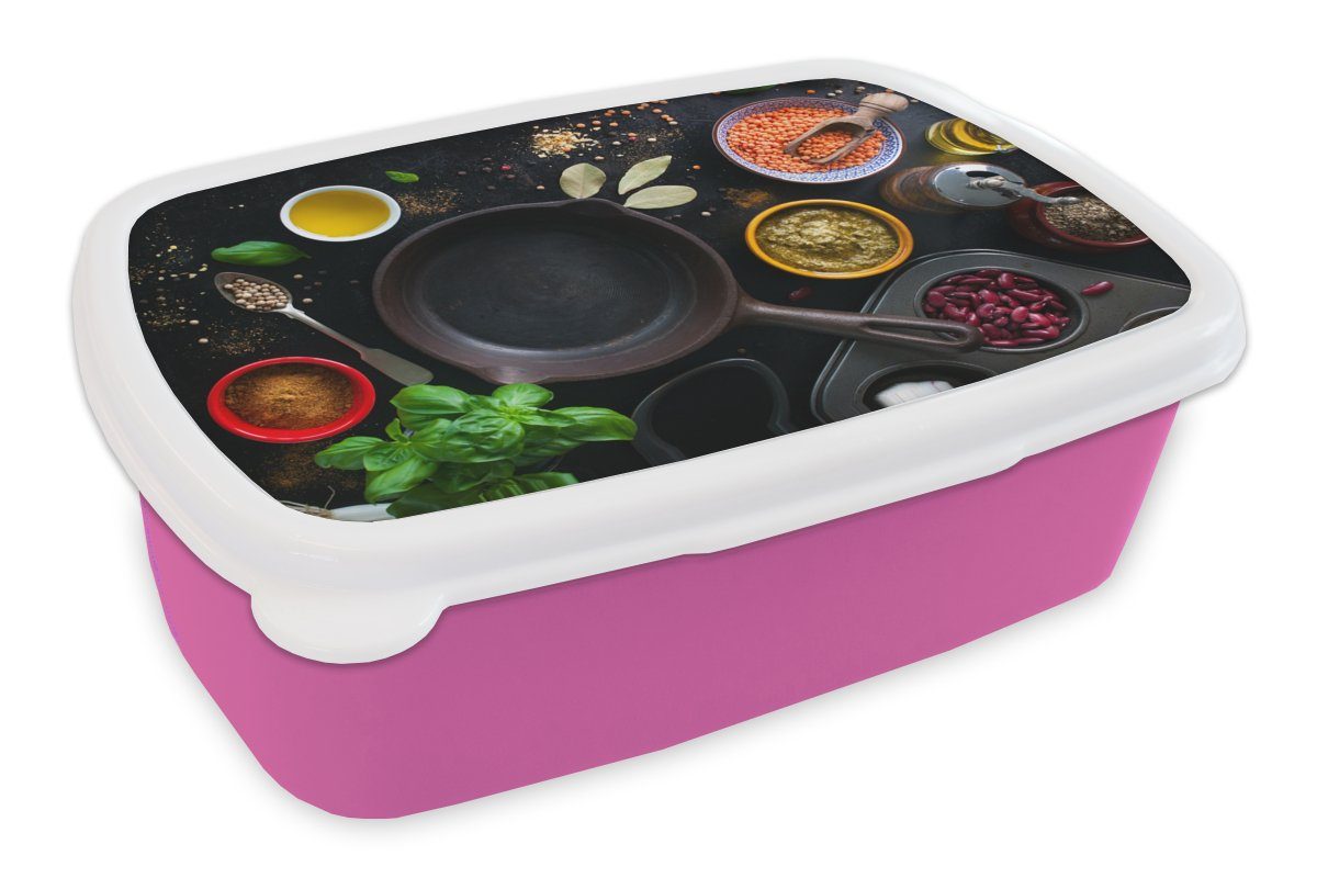 MuchoWow Lunchbox Kräuter - Gemüse - Pfanne, Kunststoff, (2-tlg), Brotbox für Erwachsene, Brotdose Kinder, Snackbox, Mädchen, Kunststoff rosa