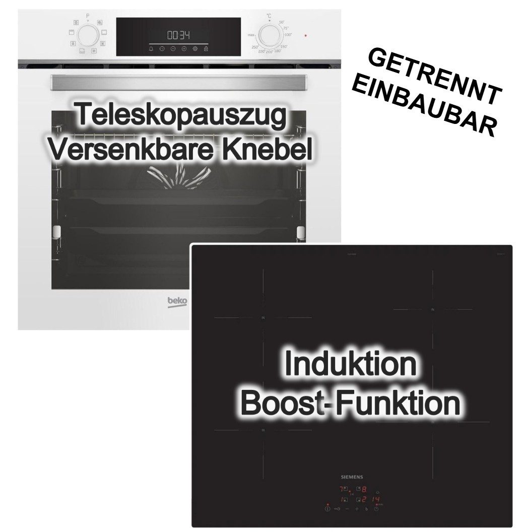 BEKO Backofen-Set Backofen SteamShine weiß + Siemens Induktionskochfeld Booster Touch, mit 1-fach Teilauszug