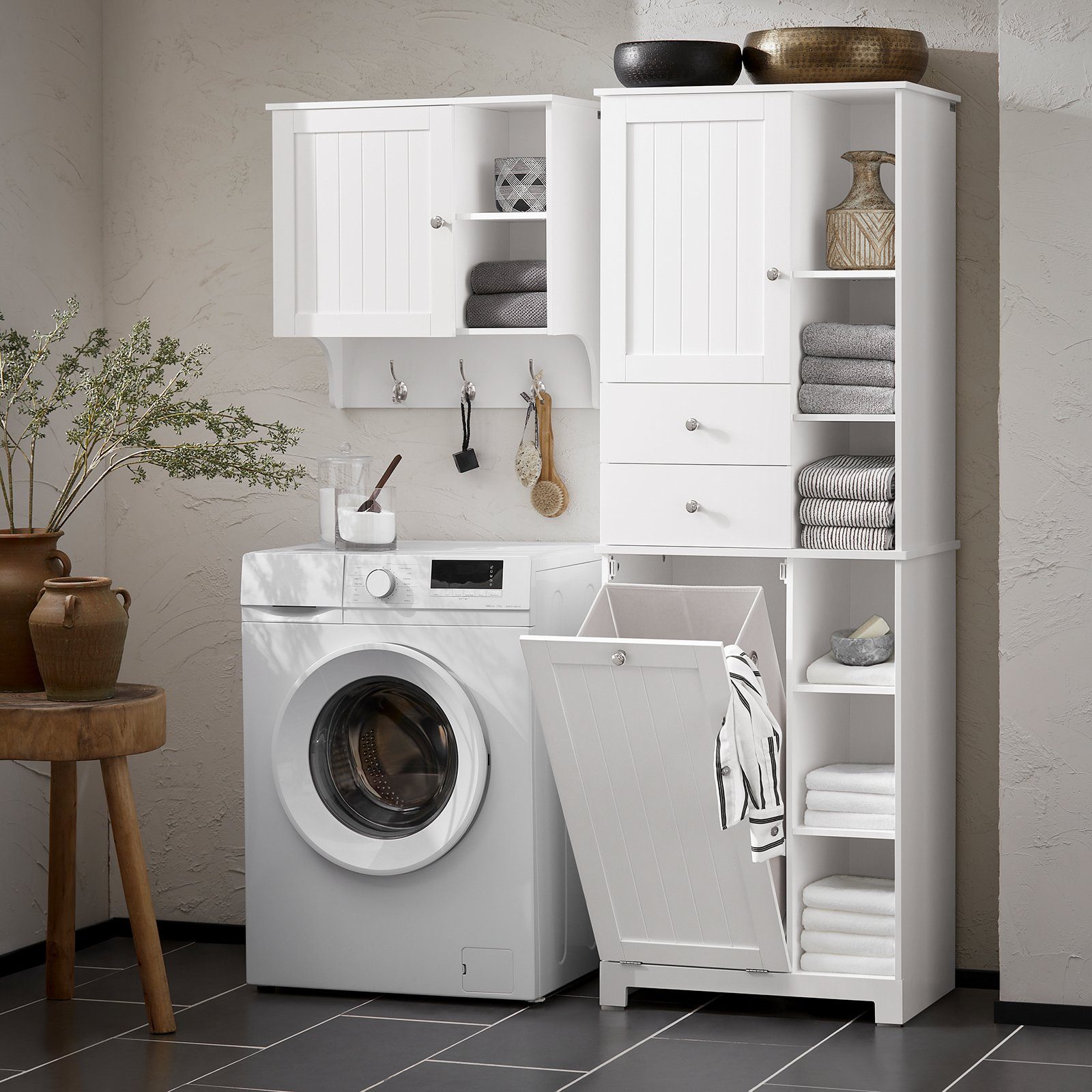 SoBuy Badkommode BZR104, Badezimmerschrank Badschrank Hoch Badregal Wäscheschrank, Aufbewahrungsschrank mit Wäschekorb, mit 6 Ablagen und 2 Schubladen