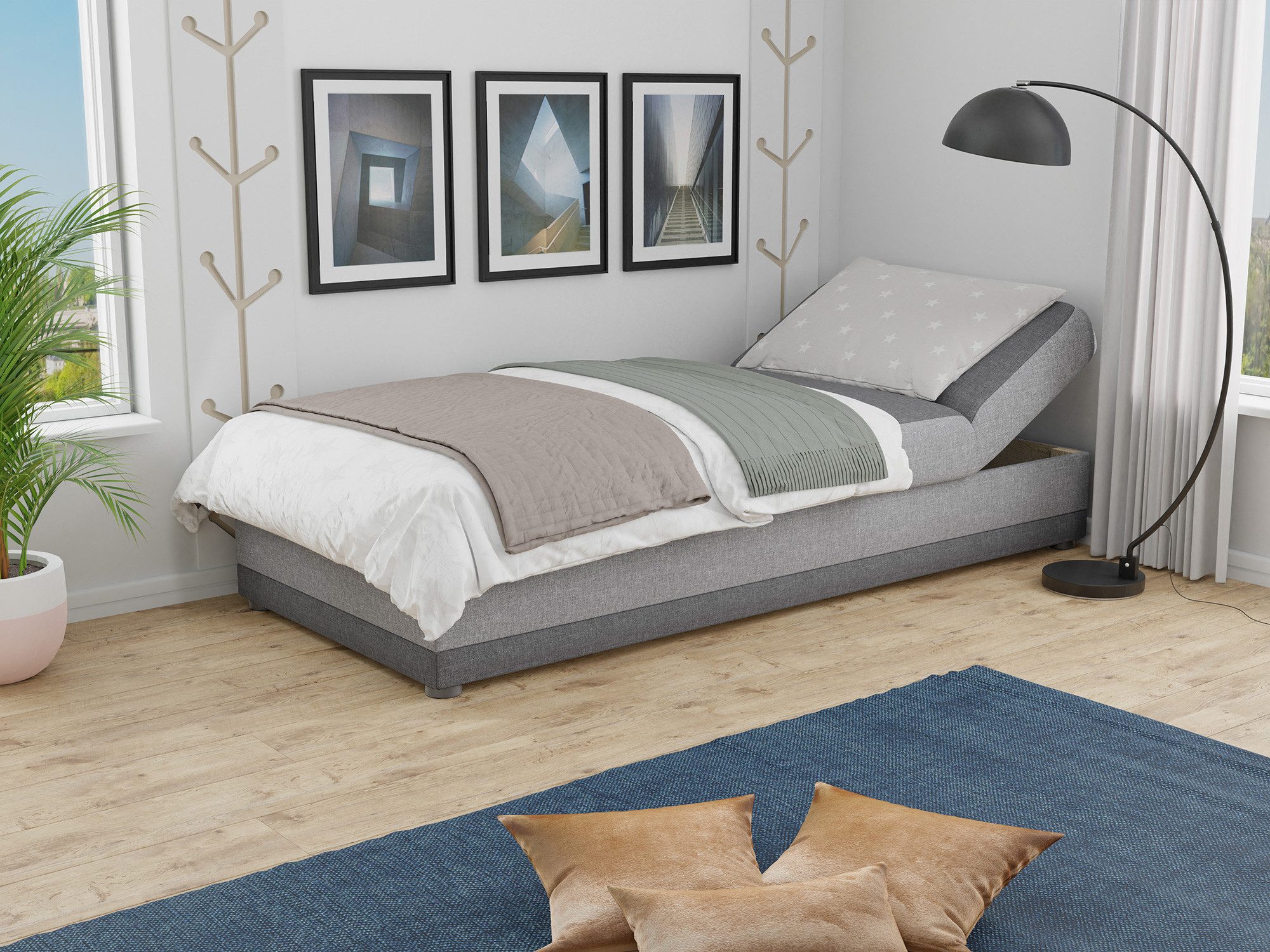 Sofnet Polsterbett Andre (mit Bettkasten und Bonell-Matratze), Einzelbett, Kinderbett, Schlafsofa - Regulierbarer Rückenlehne