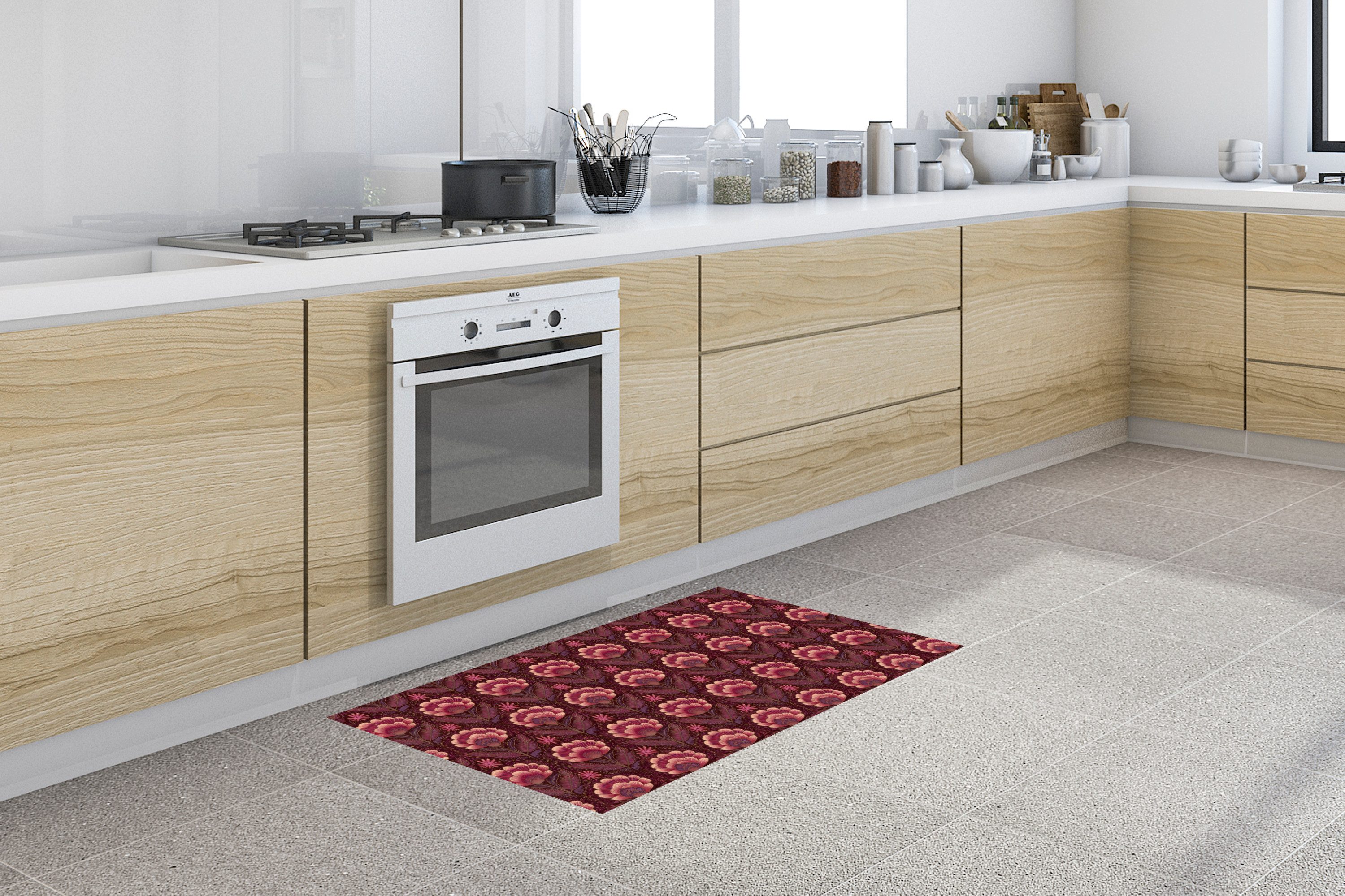 MuchoWow Küchenläufer Blumen - Fächer - Lila, aus Kunststoff, Küchenteppich, Läufer für Küche, Rutschfest, Küchendeko, 120x50 cm