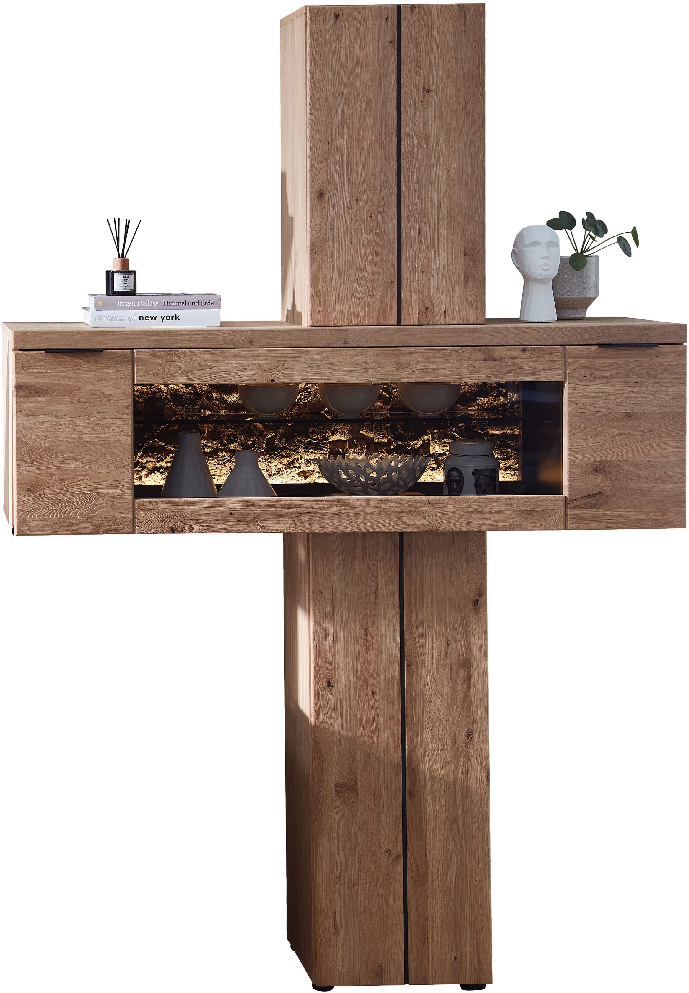 Wohnconcept Stauraumvitrine Donna Stauraum-Säule, 140x203x42 (BxHxT) (1-St) Beleuchtung bestellbar, 2 türig, Echtkork Absetzung, L/R verwendbar