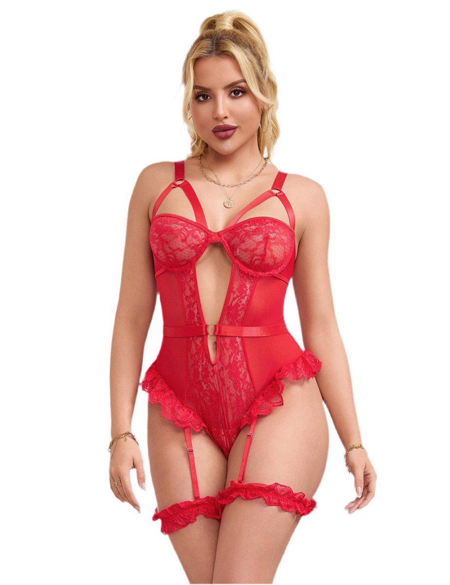 Lau-Fashion Body Unterwäsche mit Strapse Teddy Damen Dessous Spitze Reizwäsche S/XL