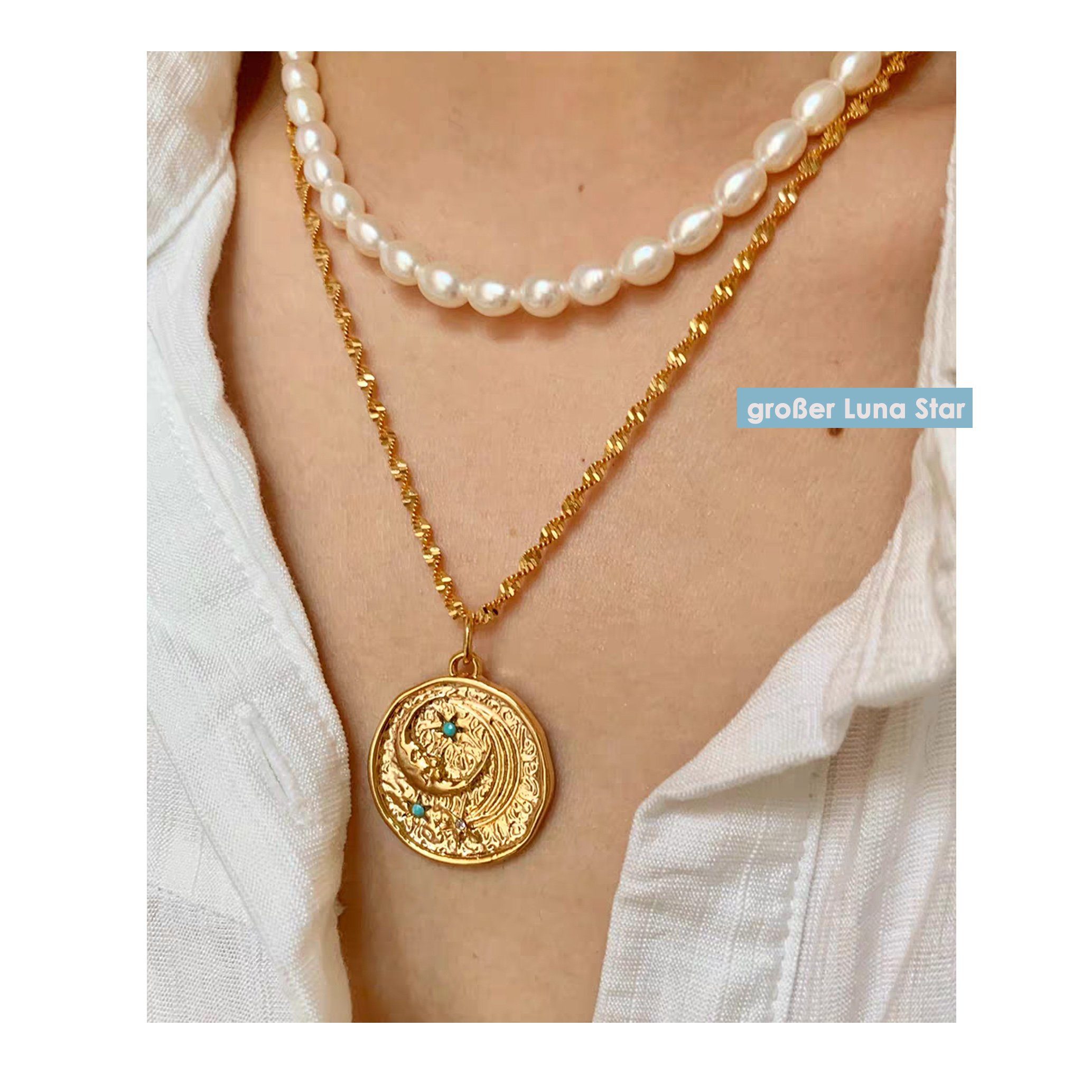 Charm-Kette Medusa vergoldet Edelsteinen Luna GOLDEN Großer aus 18K Halskette Sommerliche Glasperlen, Star