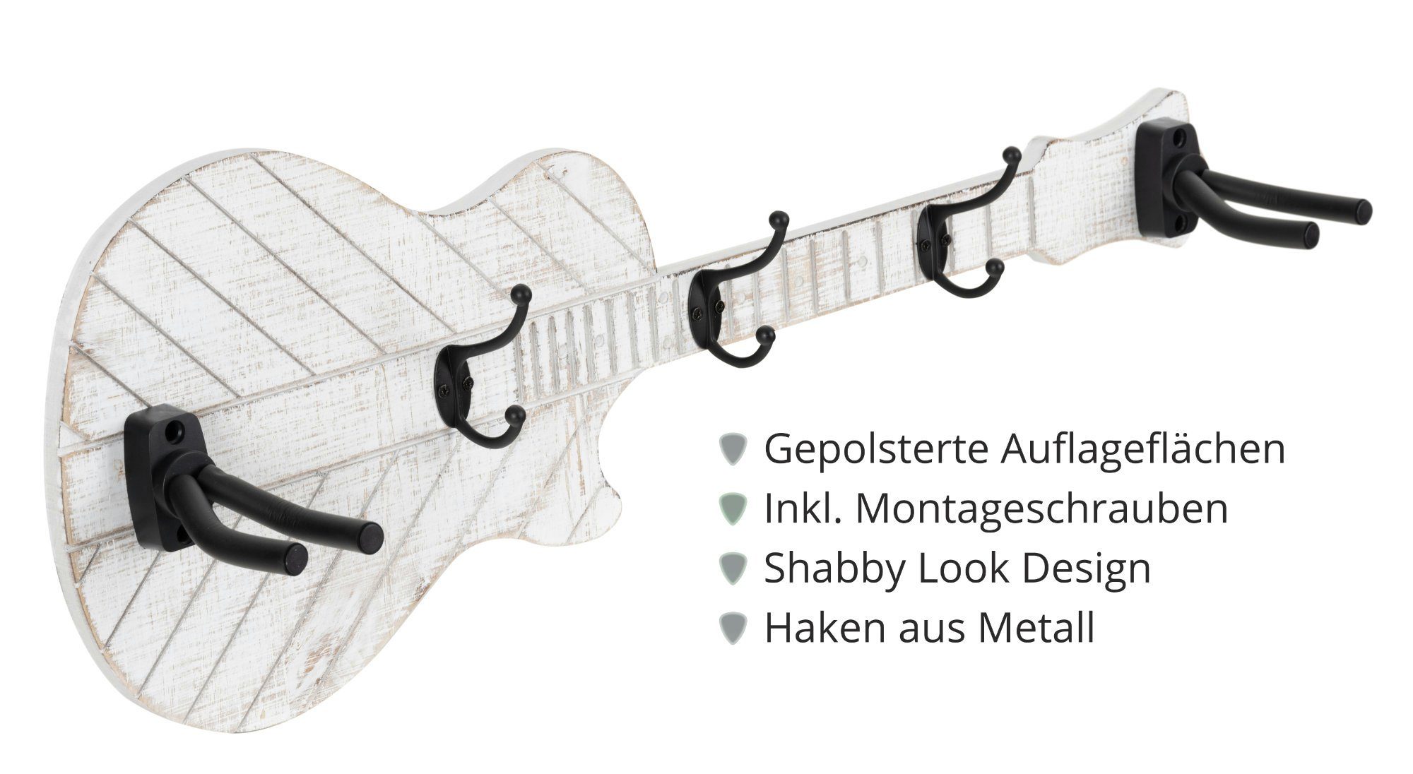joycraft Wandgarderobe GG-277 Garderobe in Gitarrenform - Shabby-Look Holz-Garderobenpaneel, - Ideal für Gitarre, Ukulele, Kleidung, Hüte, Taschen, Schlüssel usw.