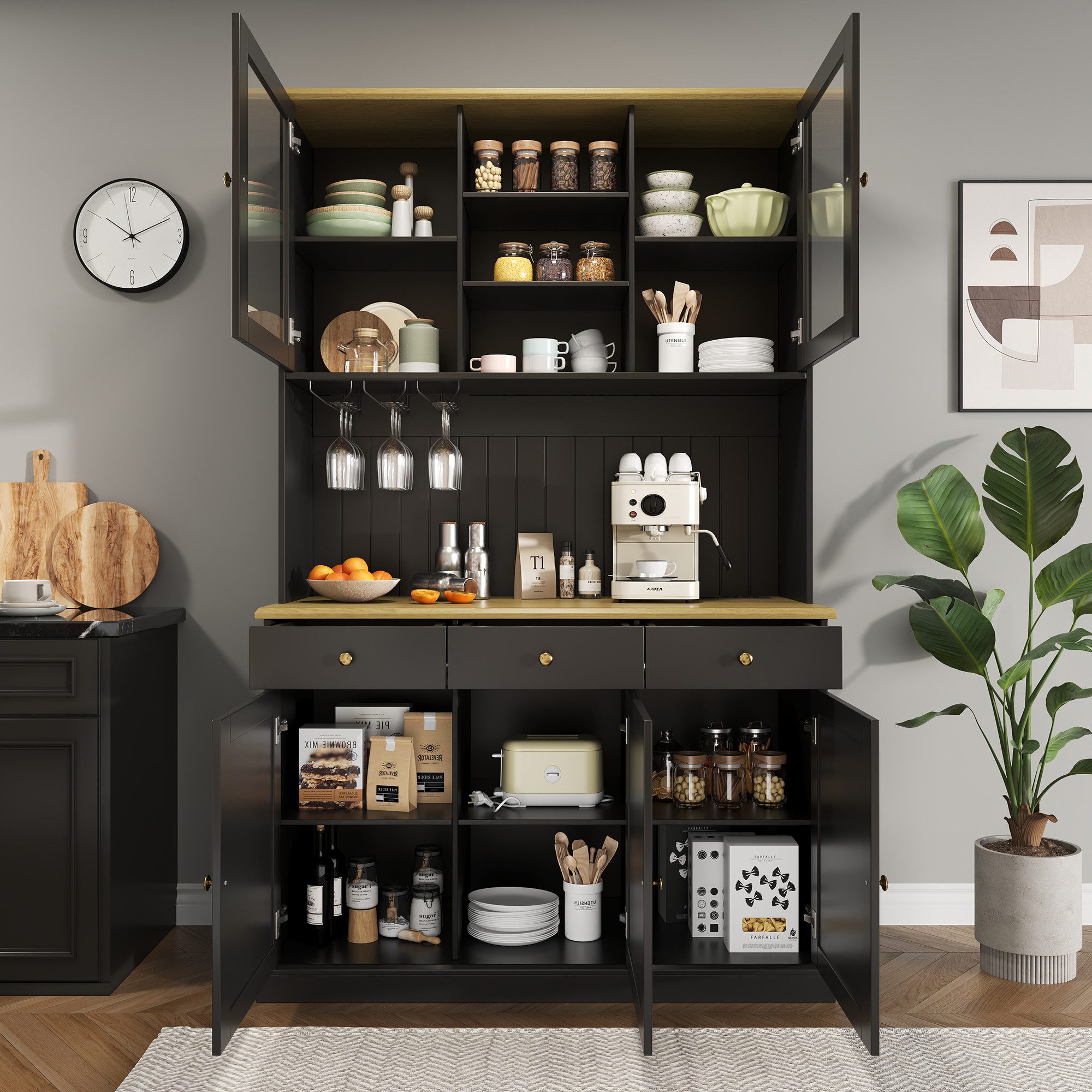 KLAM HOME Küchenbuffet Weißer Esszimmer-Hochschrank mit Glastüren und Ladeanschlüssen (Buffetschrank 120×40×191cm mit Steckdosen, USB-A & USB-C) Stauraumreicher Küchenschrank mit verstellbaren Glasböden