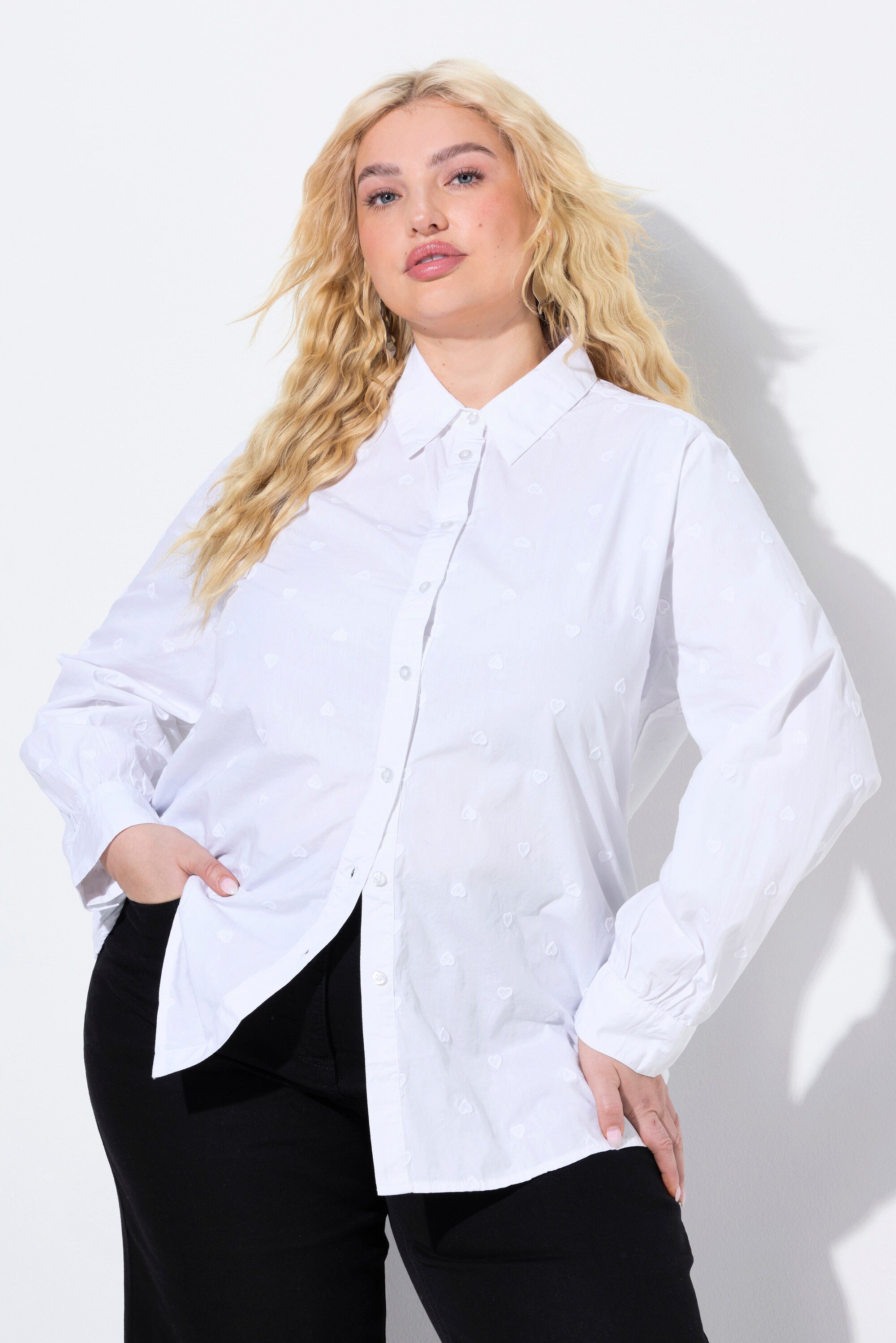 Ulla Popken Longbluse Bluse Herz-Stickerei A-Linie Hemdkragen Langarm