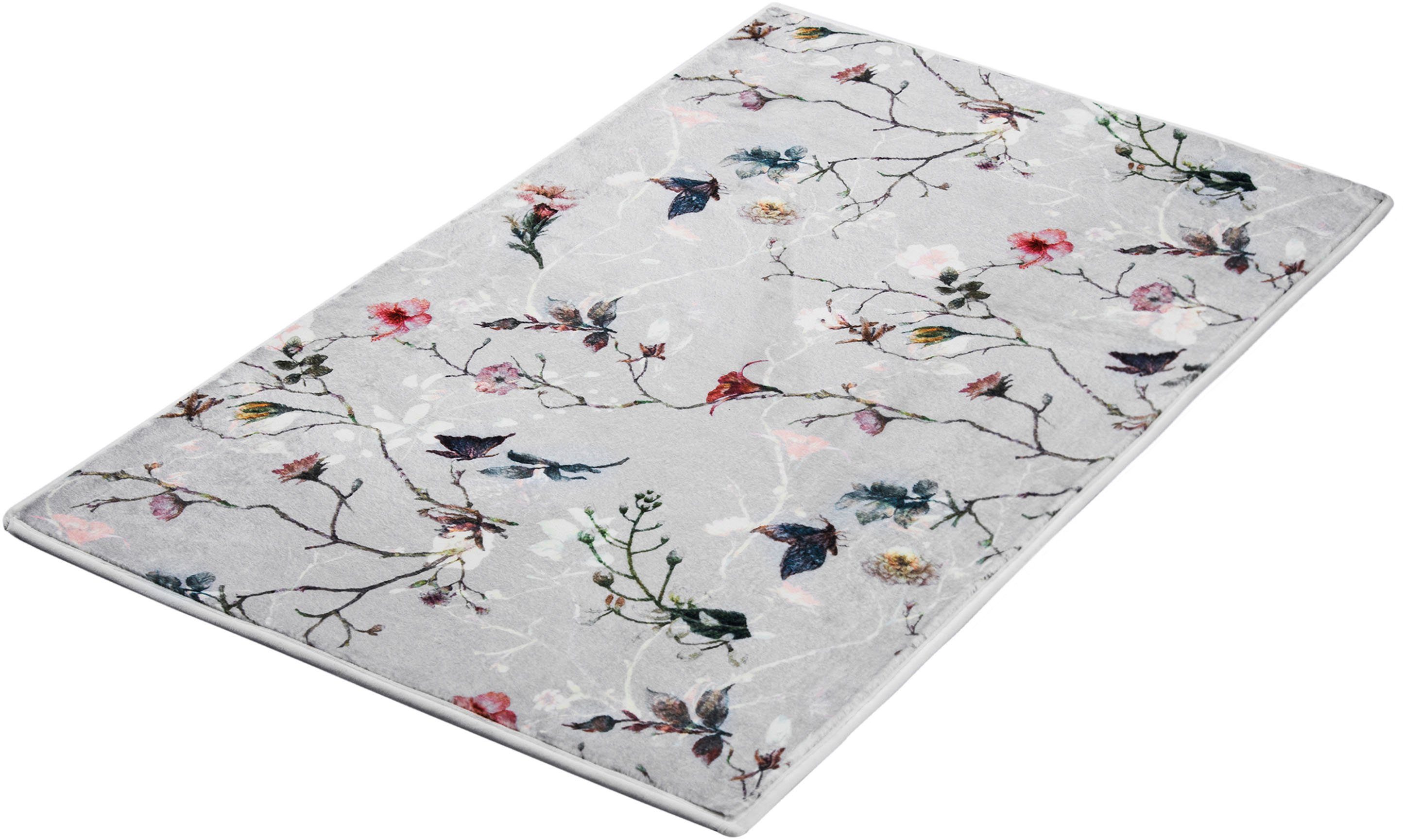 Kleine Wolke Badematte Flores, Badvorleger, Badezimmer Teppich, Höhe 5 mm, rutschhemmend beschichtet, fußbodenheizungsgeeignet, Polyester, rechteckig, romantisch verspieltes Design mit Blumen und Schmetterlingen