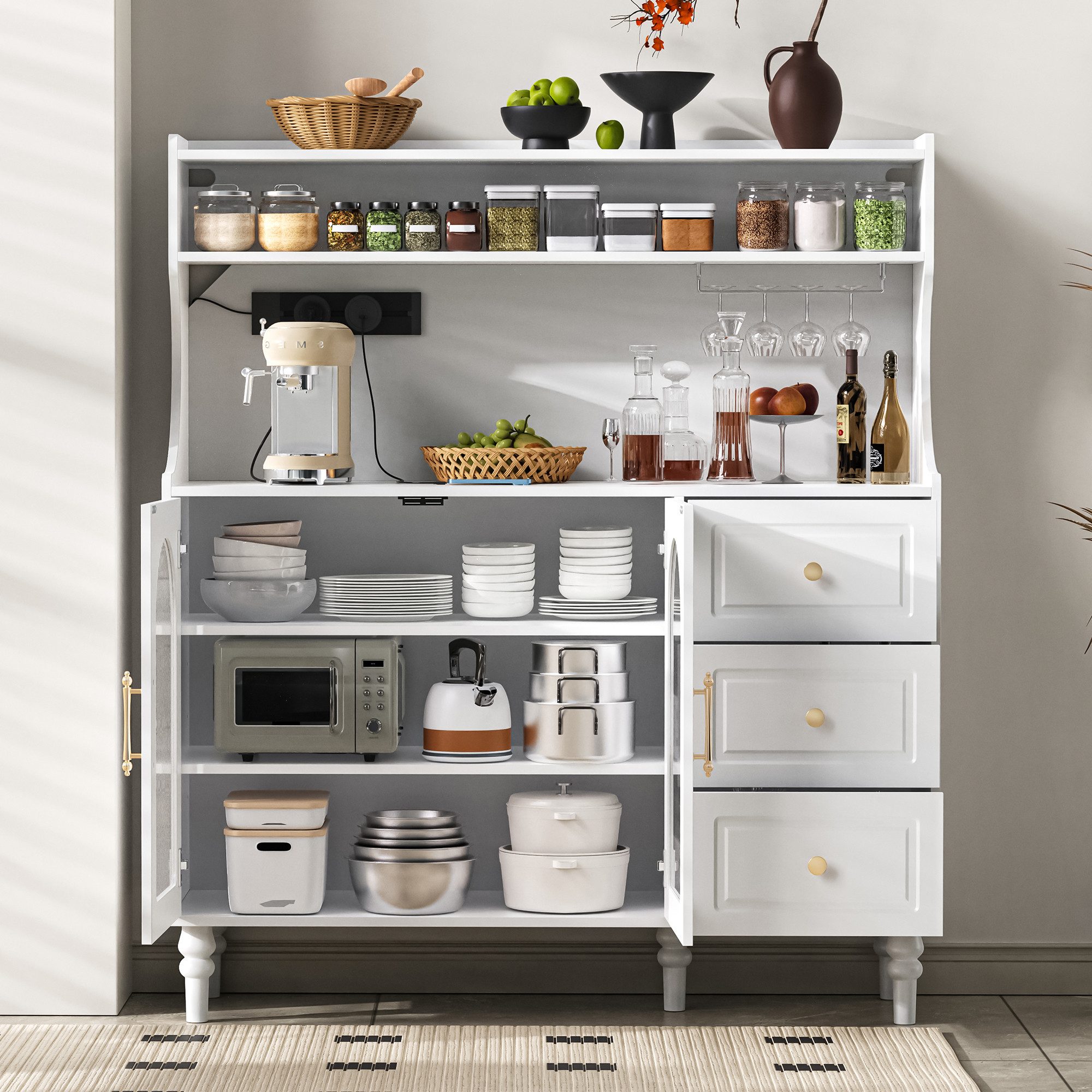 Flieks Küchenbuffet mit Steckdosen, Gläserhalter, Schubladen und Glastüren (120x40x138,5 cm, 1-St., Arbeitsplatte mit USB- und Typ-C-Anschlüssen, Beine aus Massivholz) Hochschrank Küchenschrank Geschirrschrank mit verstellbarer Ablagen
