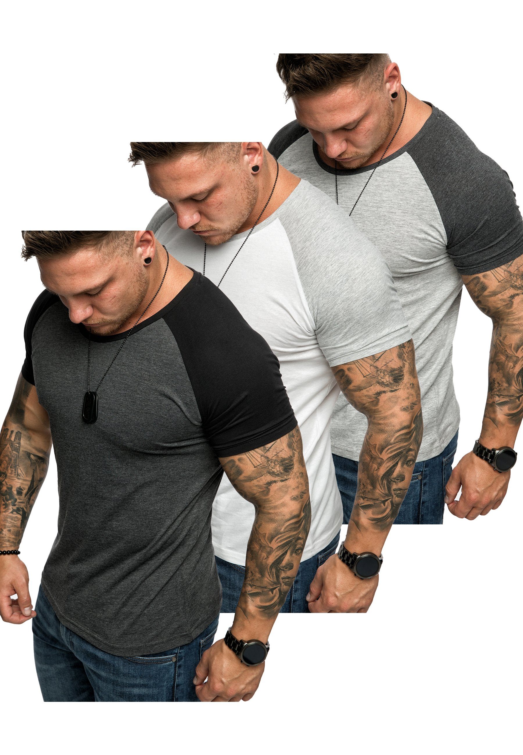 Oversize Basic Kontrast 3. + T-Shirts (Anthrazit/Schwarz T-Shirt Herren Grau/Anthrazit) (3er-Pack) Weiß/Grau + 3er-Pack T-Shirt Amaci&Sons SALEM Raglan