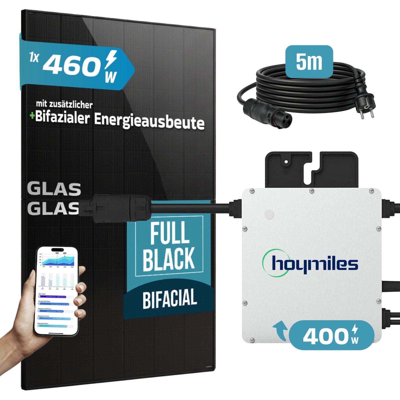 SUNNIVA Balkonkraftwerk 460W BIFAZIAL FULLBLACK komplett Steckdose, (HOYMILES 400 Watt Wechselrichter, PV Solaranlage Komplettset, 1x 460W N-Type Glas-Glas Bifacial Solarmodule, 5m Kabel)