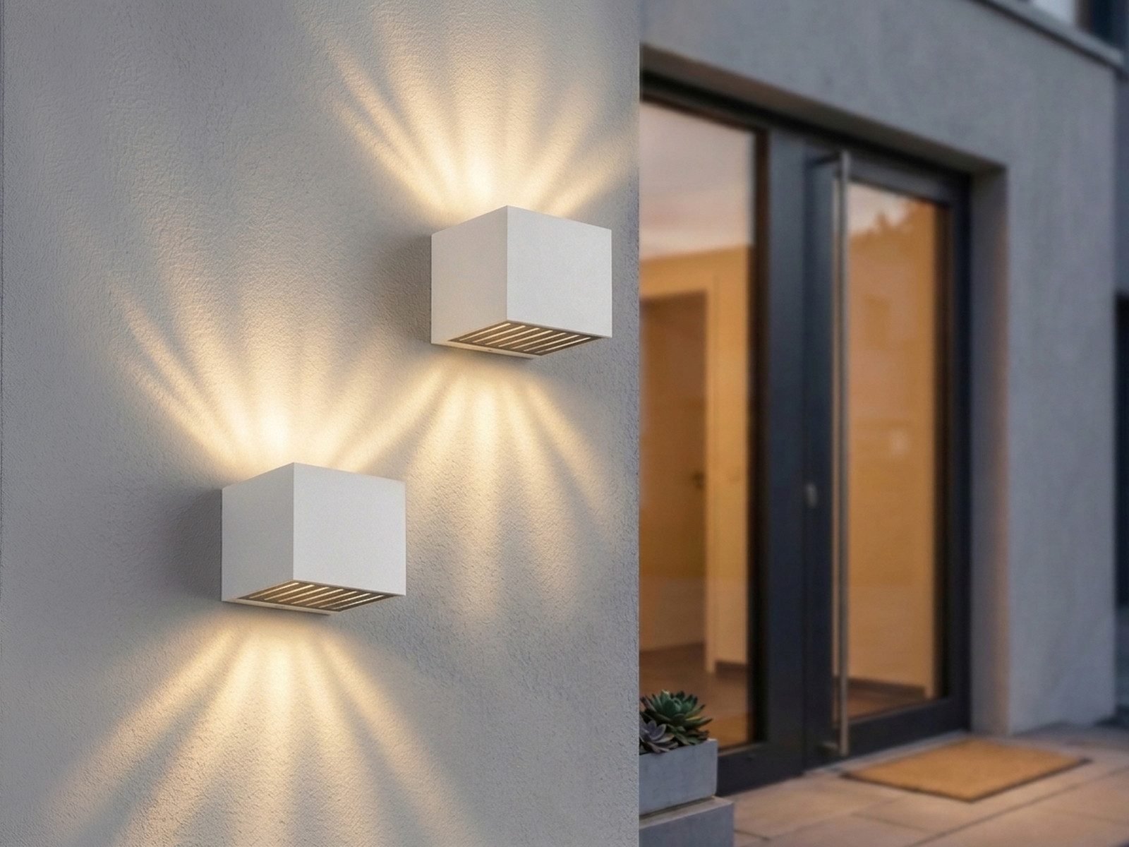 GLOBO LIGHTING LED Außen-Wandleuchte 2er Set Up and Down Würfel Weiß, 10x10cm, LED fest integriert, warmweiß, Kleine Außen-leuchten für Hausbeleuchtung Haus-wand aus Aluminium IP54