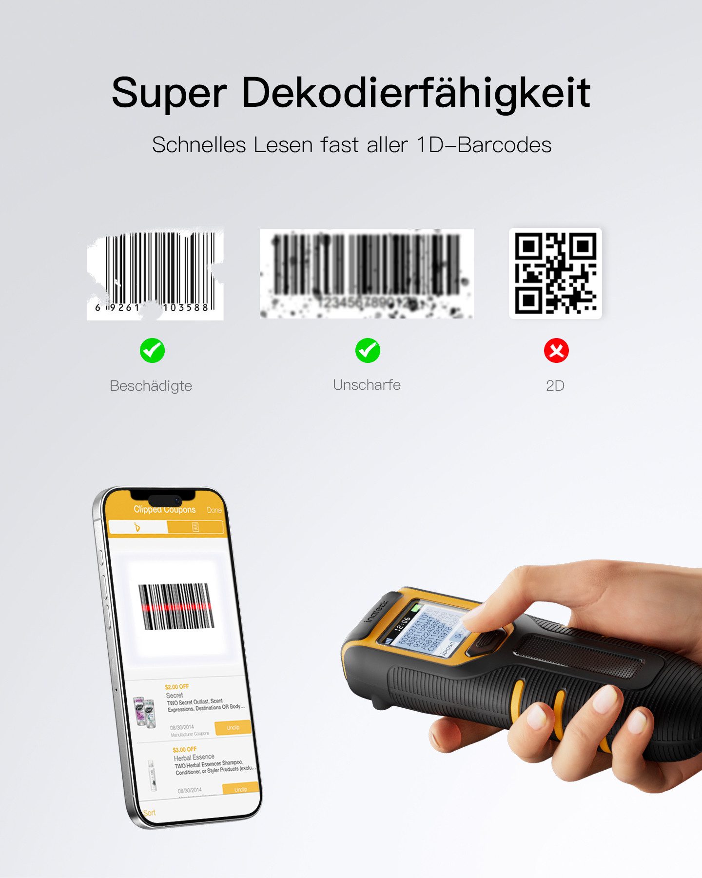 Inateck 1D Barcode Scanner Kabellos Bluetooth mit Bildschirm Tragbarer 2,4 GHz Handscanner, (mit App und SDK)