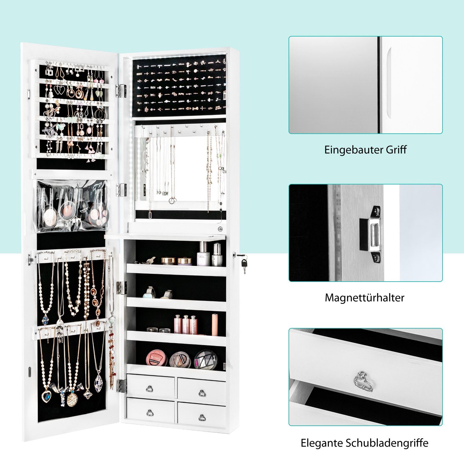 COSTWAY Schmuckschrank mit LED & Ganzkörperspiegel & 4 Schubladen & 4 Regale